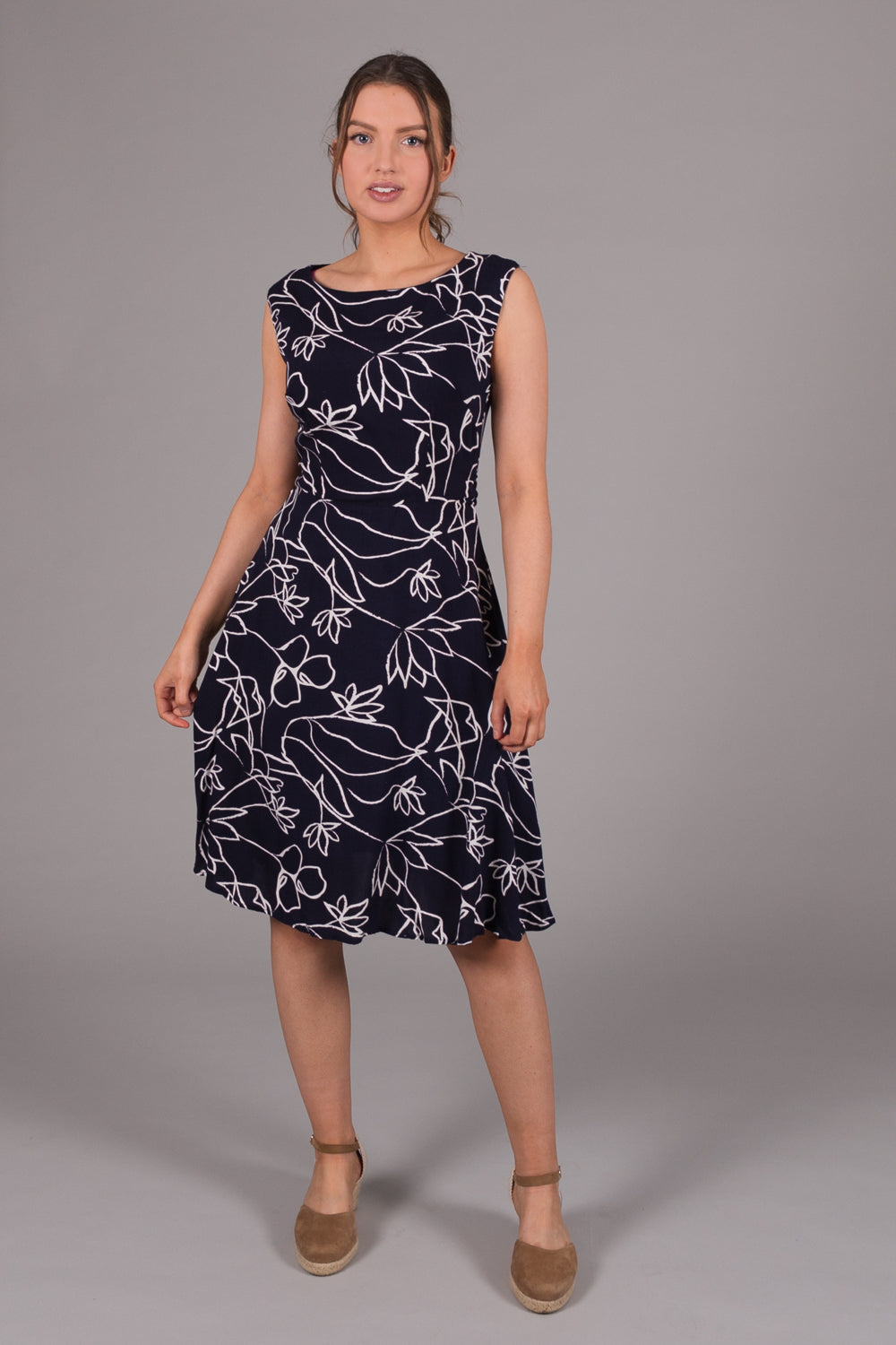 Floral Etch Print Fit & Flare Dress - Navy