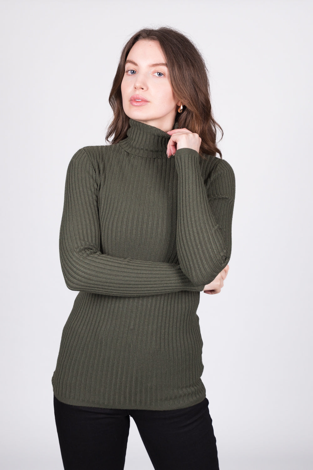 Ribbed Polo Neck Jumper - Green