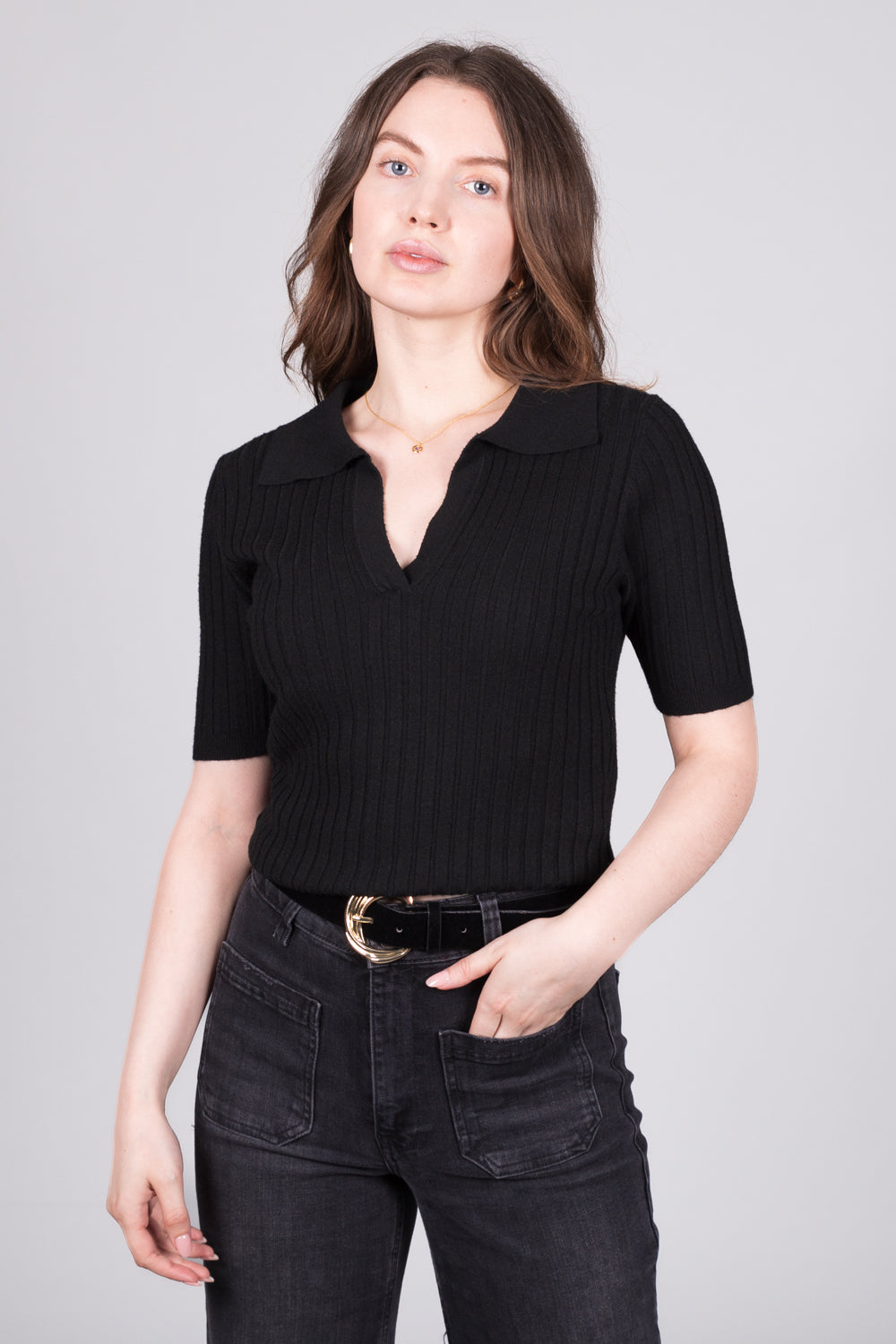 Ribbed Collared V-Neck Top - Black