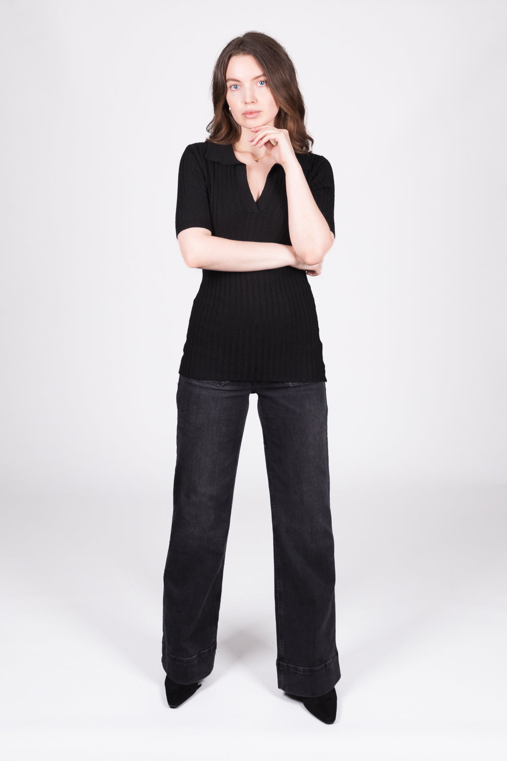 Ribbed Collared V-Neck Top - Black