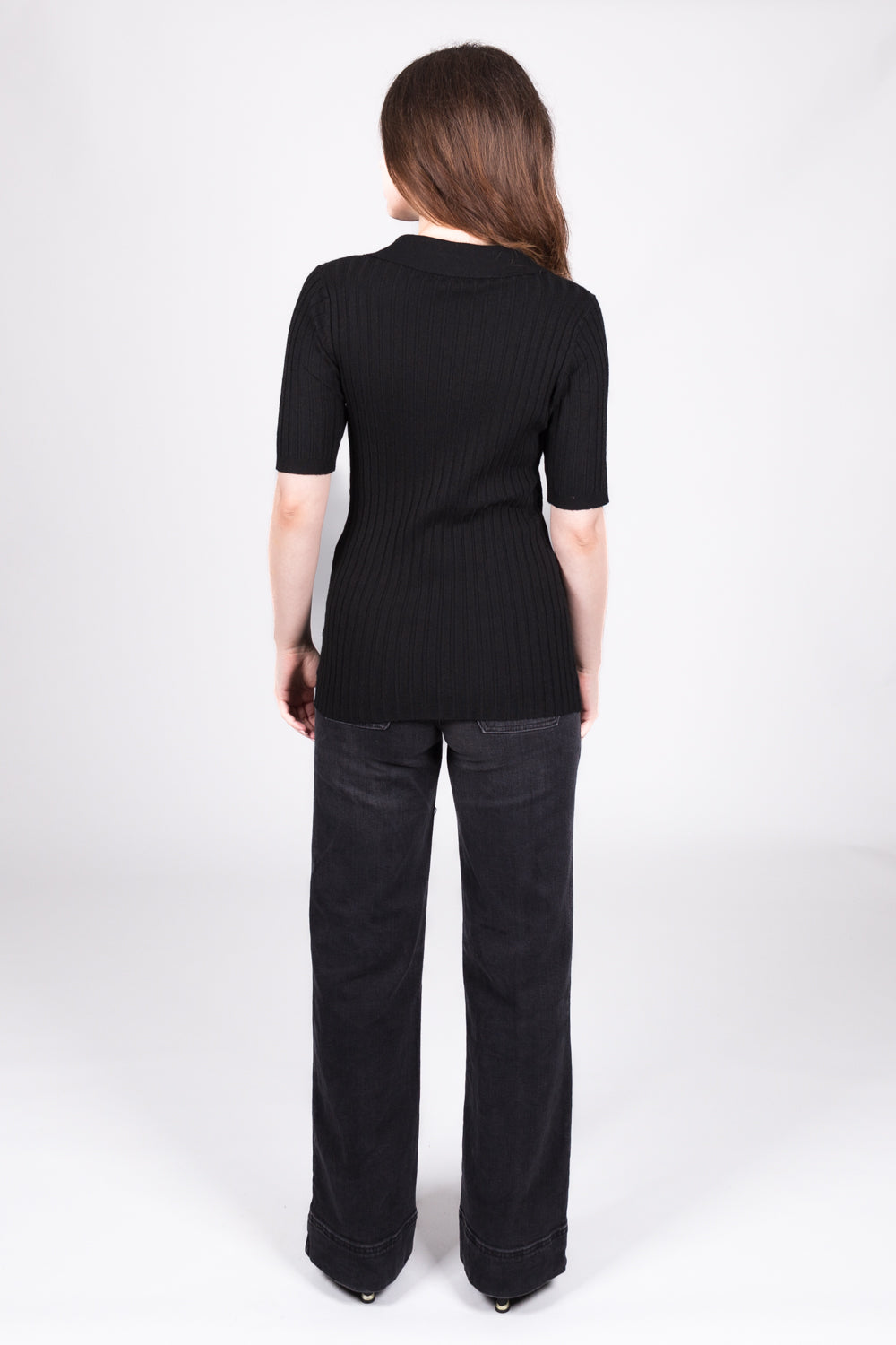Ribbed Collared V-Neck Top - Black