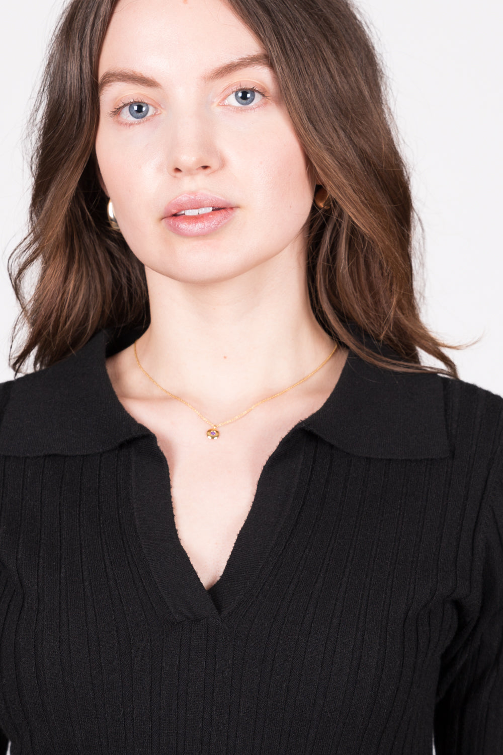 Ribbed Collared V-Neck Top - Black