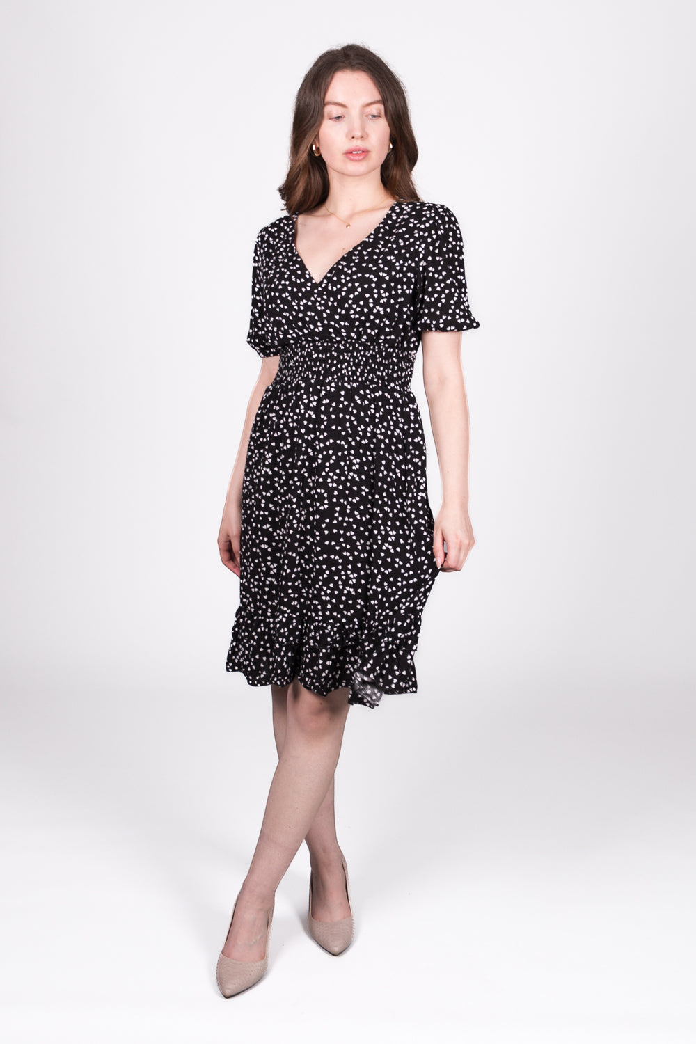 Heart Print V-Neck Dress with Ruffle Hem