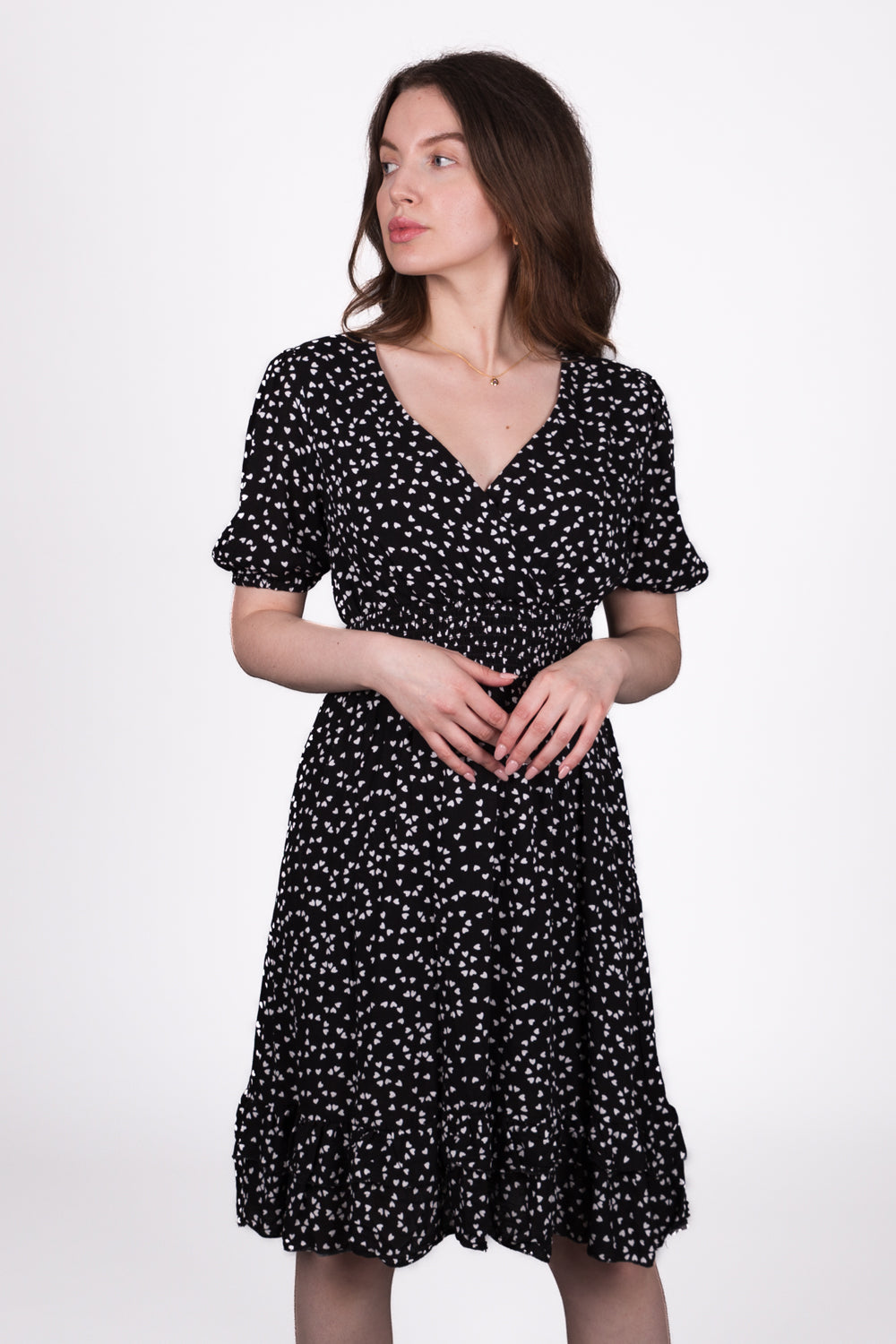 Heart Print V-Neck Dress with Ruffle Hem