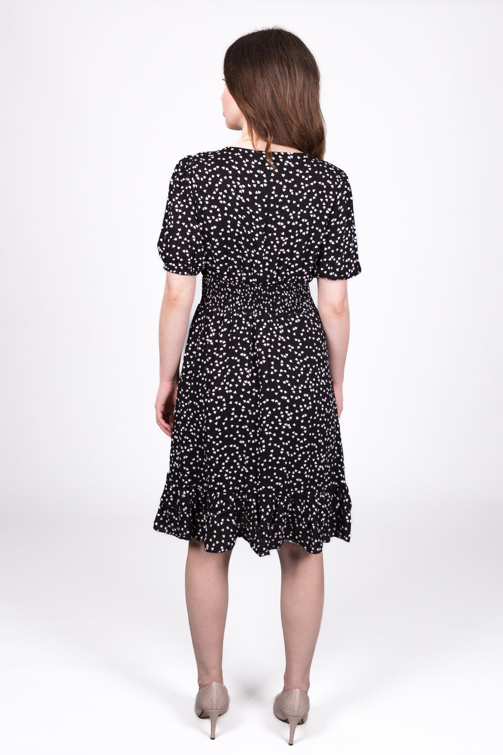 Heart Print V-Neck Dress with Ruffle Hem