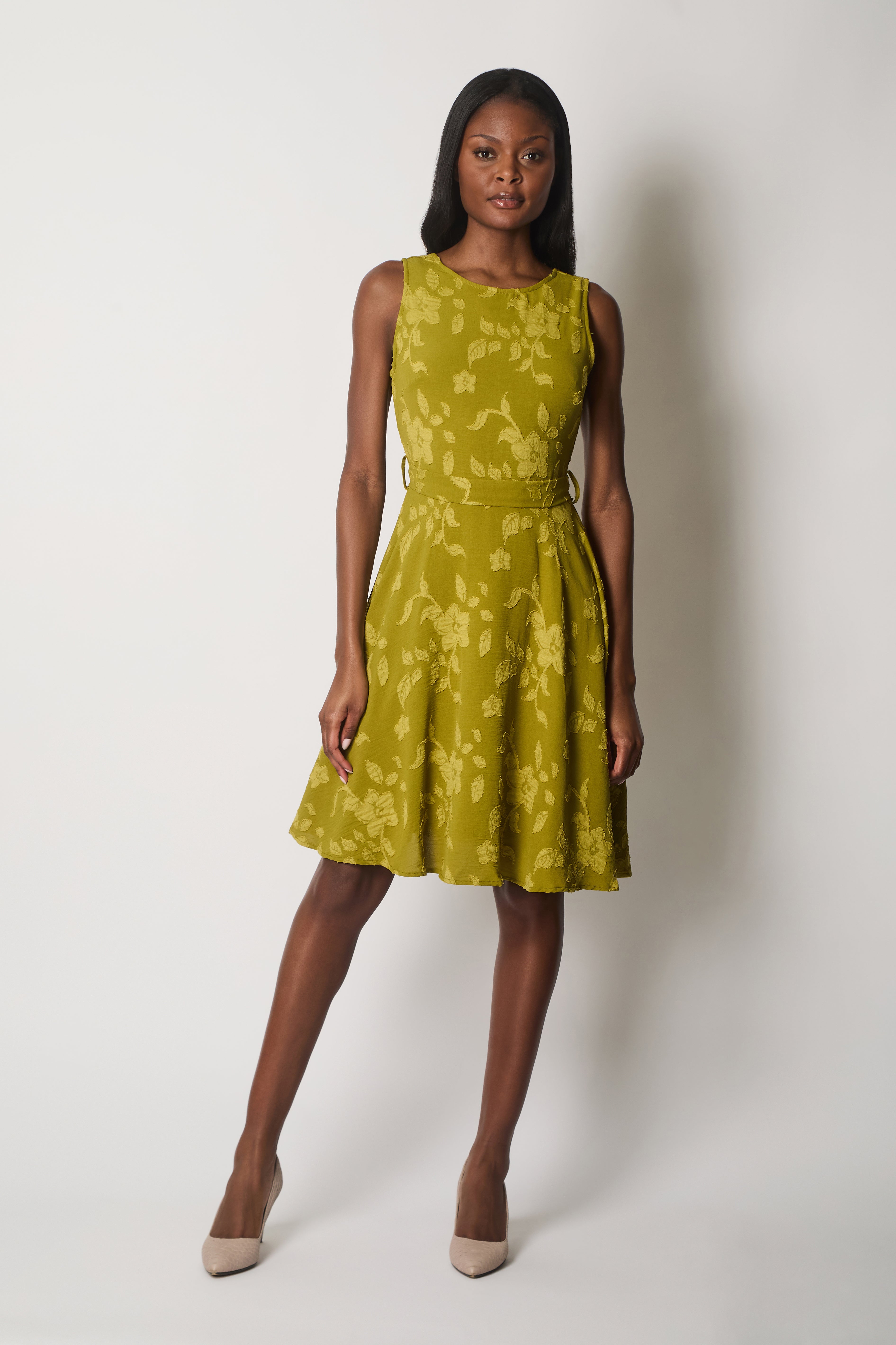 Floral Textured Sleeveless Dress - Green