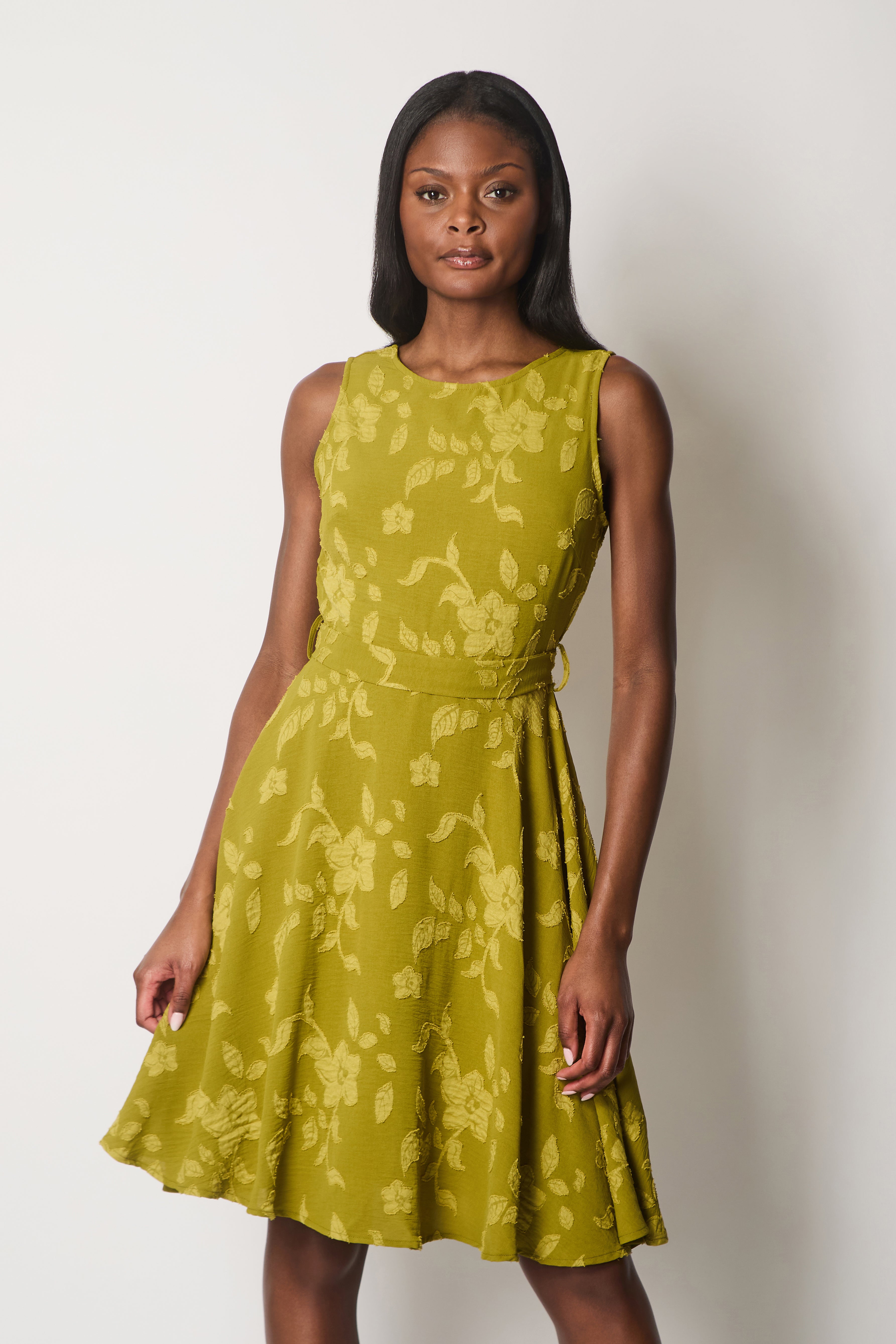 Floral Textured Sleeveless Dress - Green