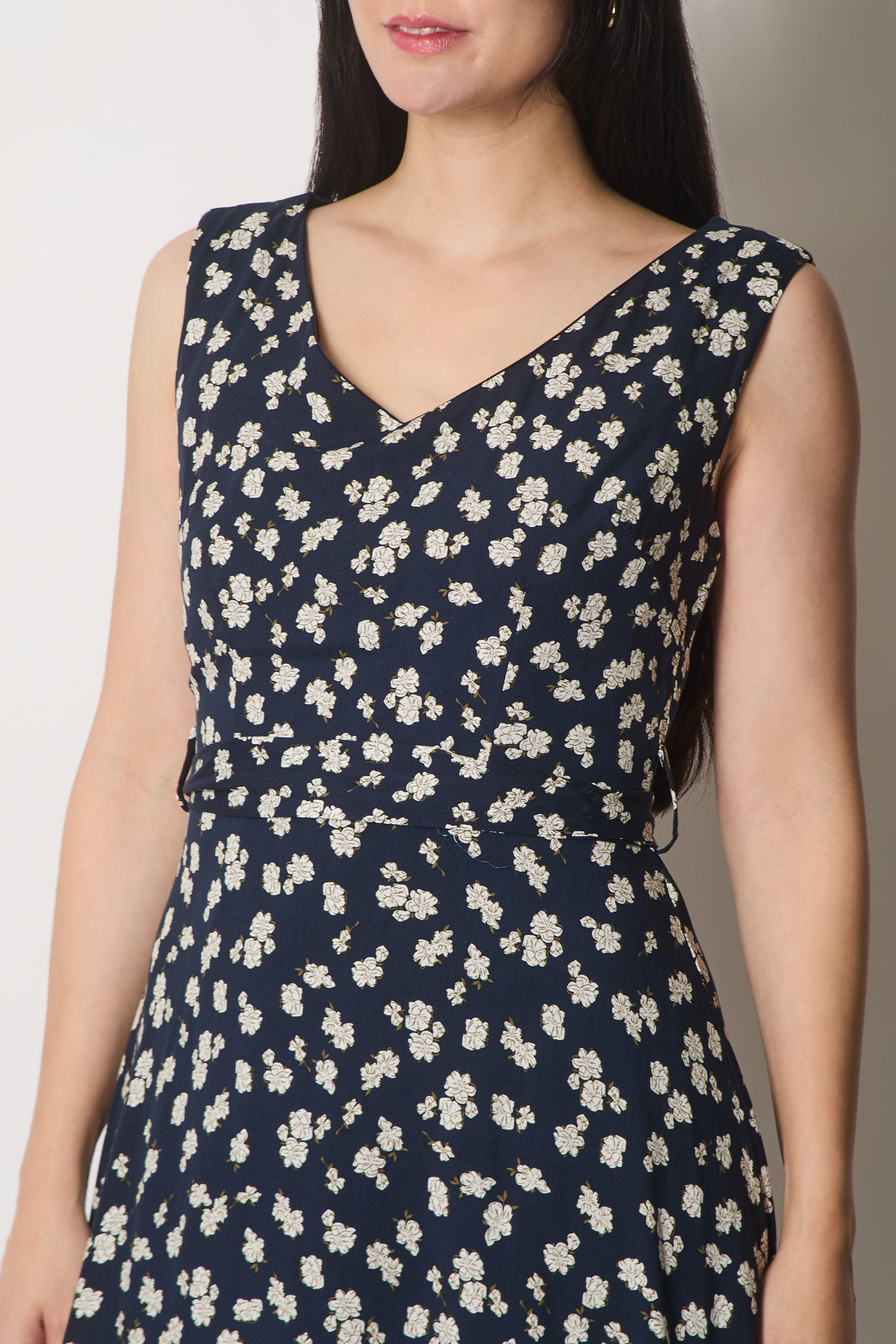 Floral Print V-Neck Fit & Flare Dress - Navy