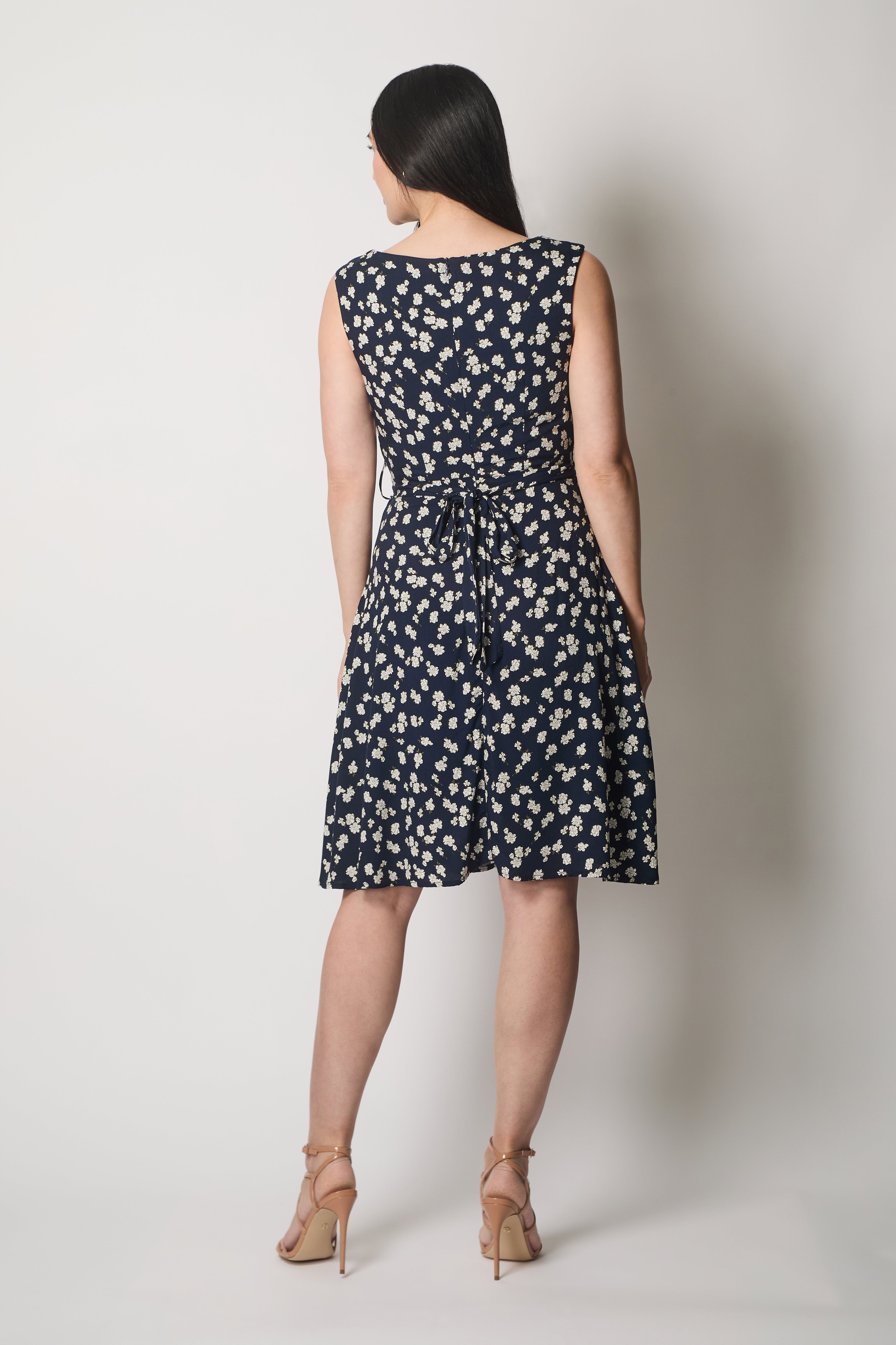 Floral Print V-Neck Fit & Flare Dress - Navy