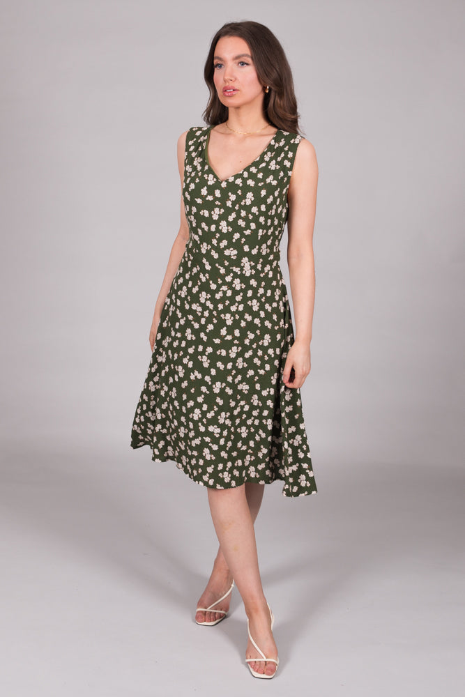 Floral Print V-Neck Fit & Flare Dress - Green