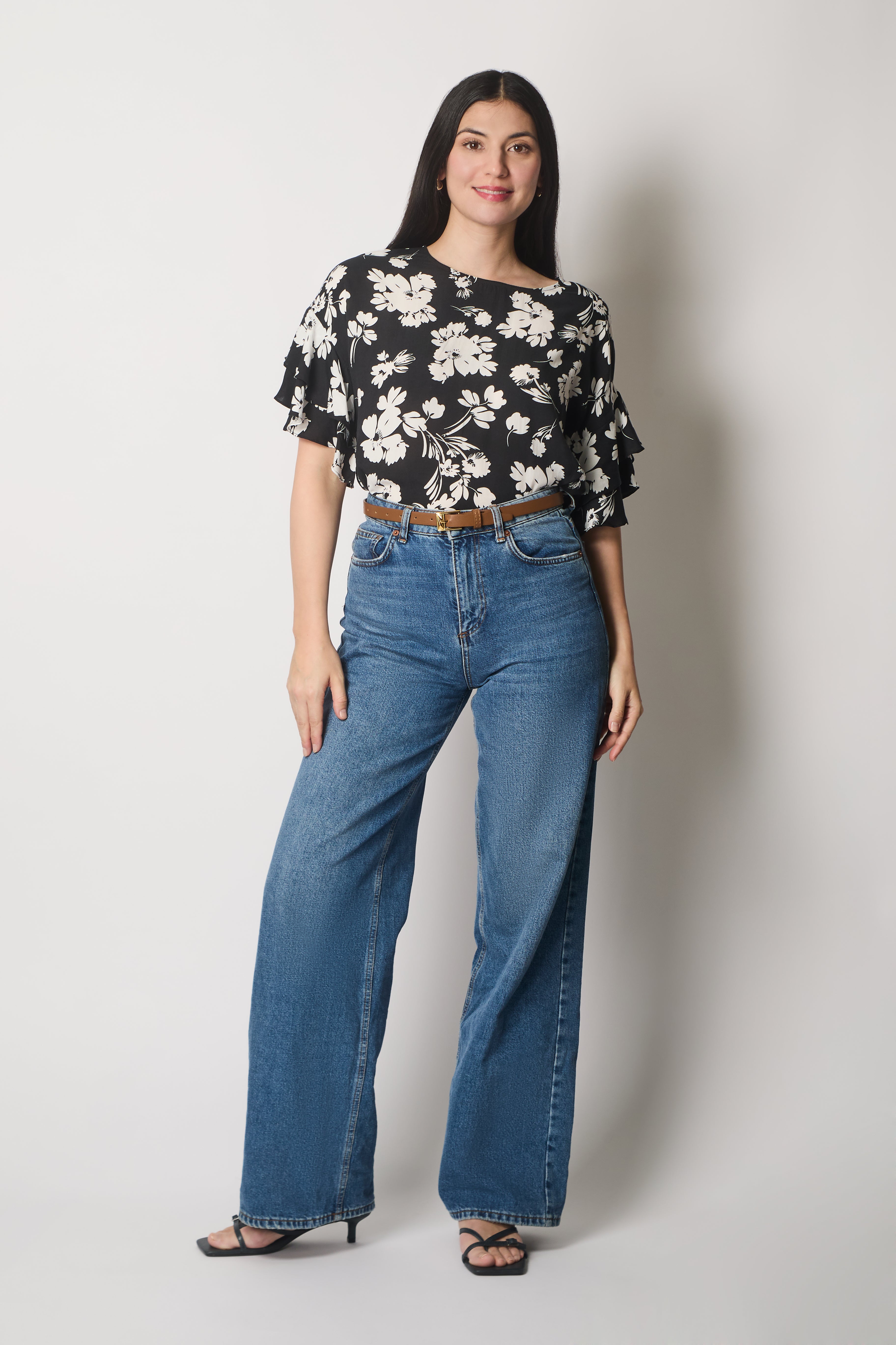 Floral Print Top with Layered Sleeves - Black