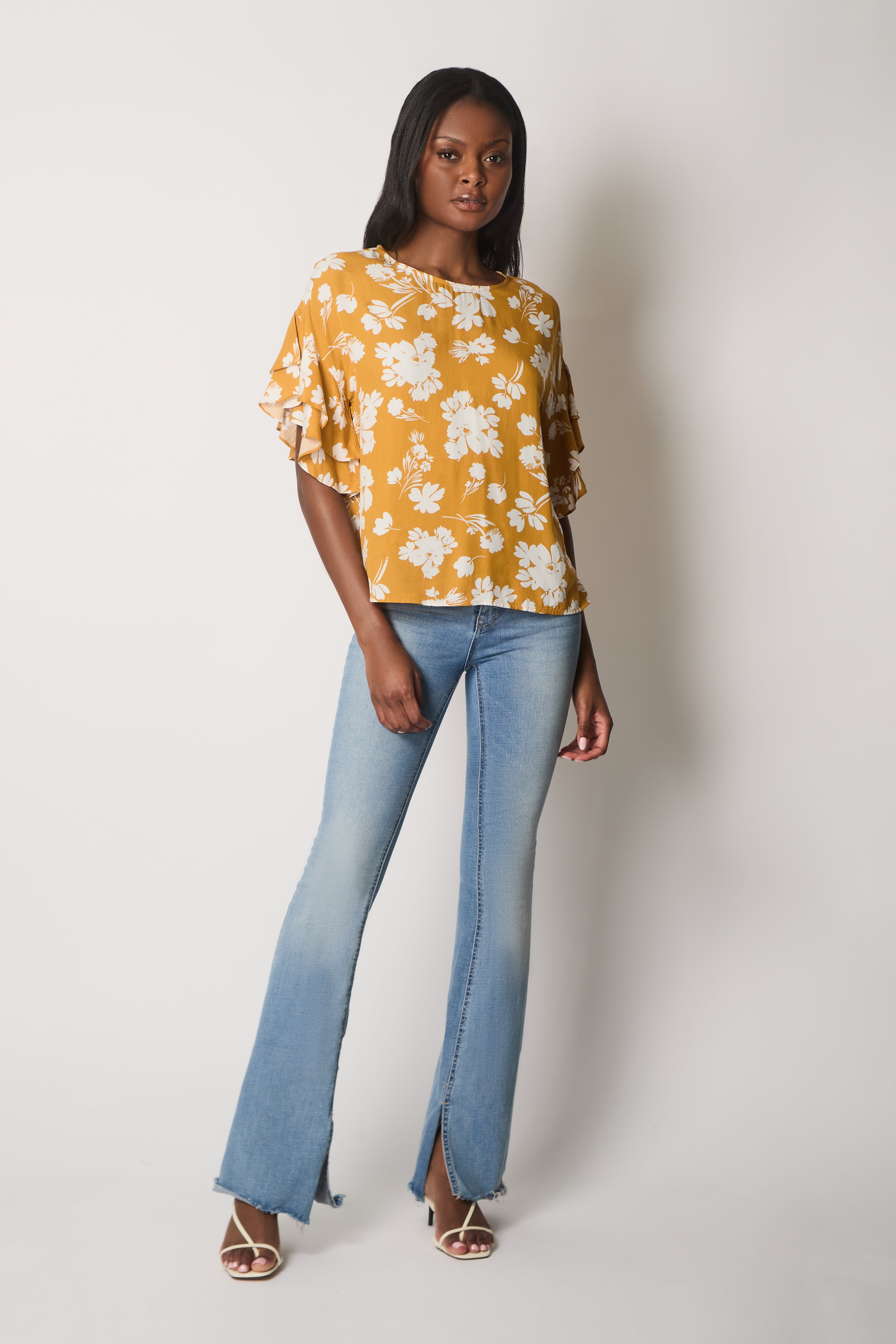 Floral Print Top with Layered Sleeves - Mustard