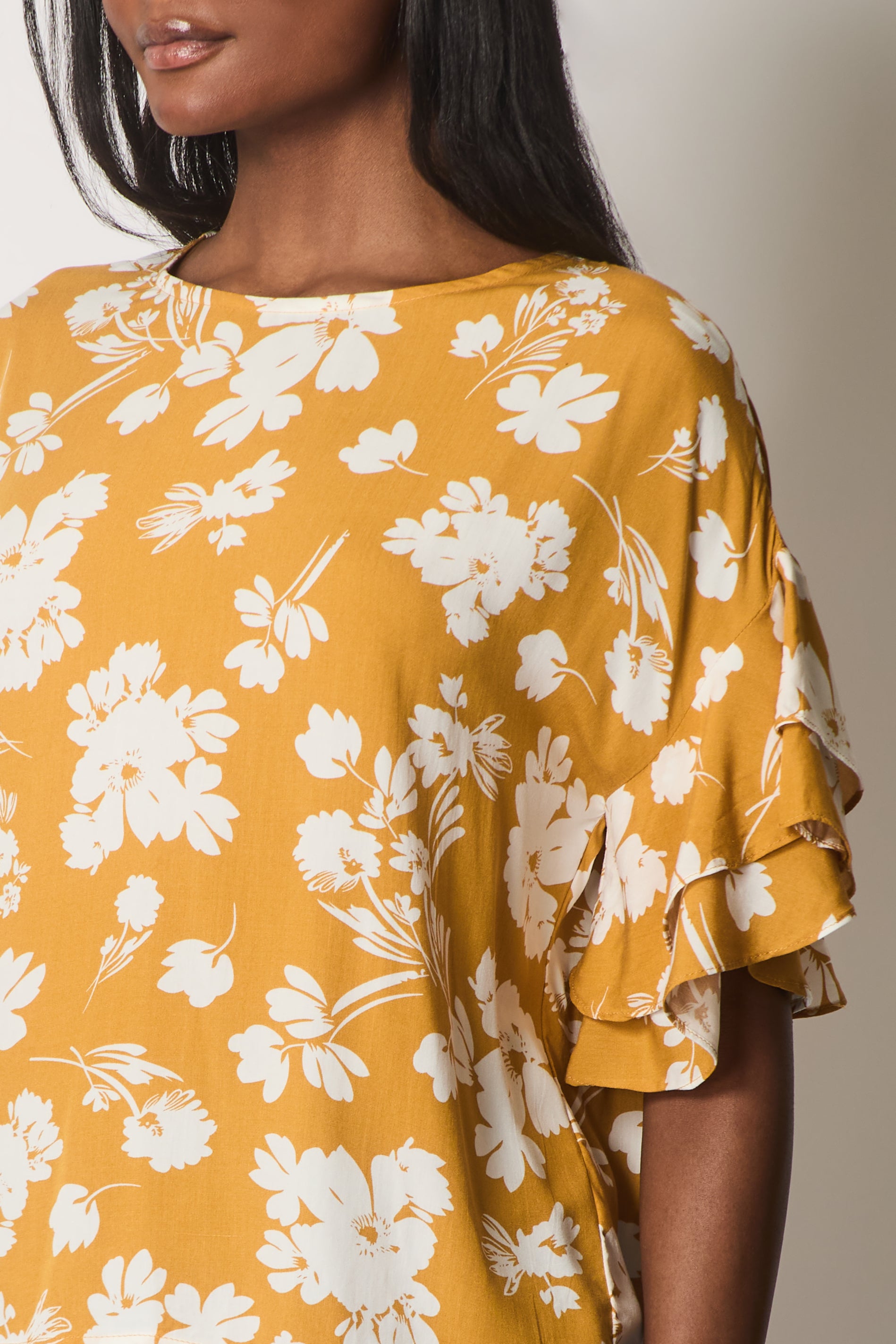 Floral Print Top with Layered Sleeves - Mustard