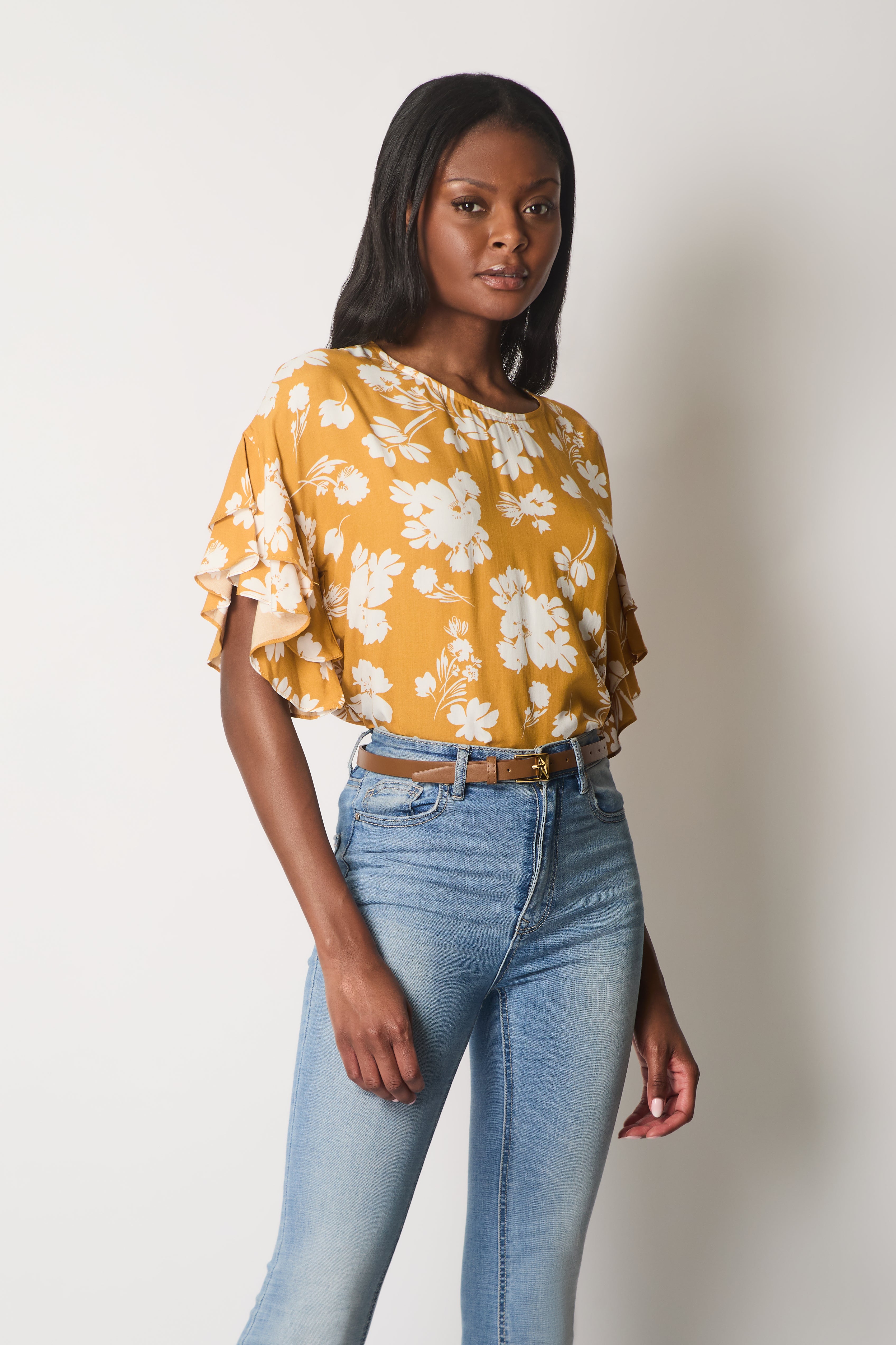 Floral Print Top with Layered Sleeves - Mustard
