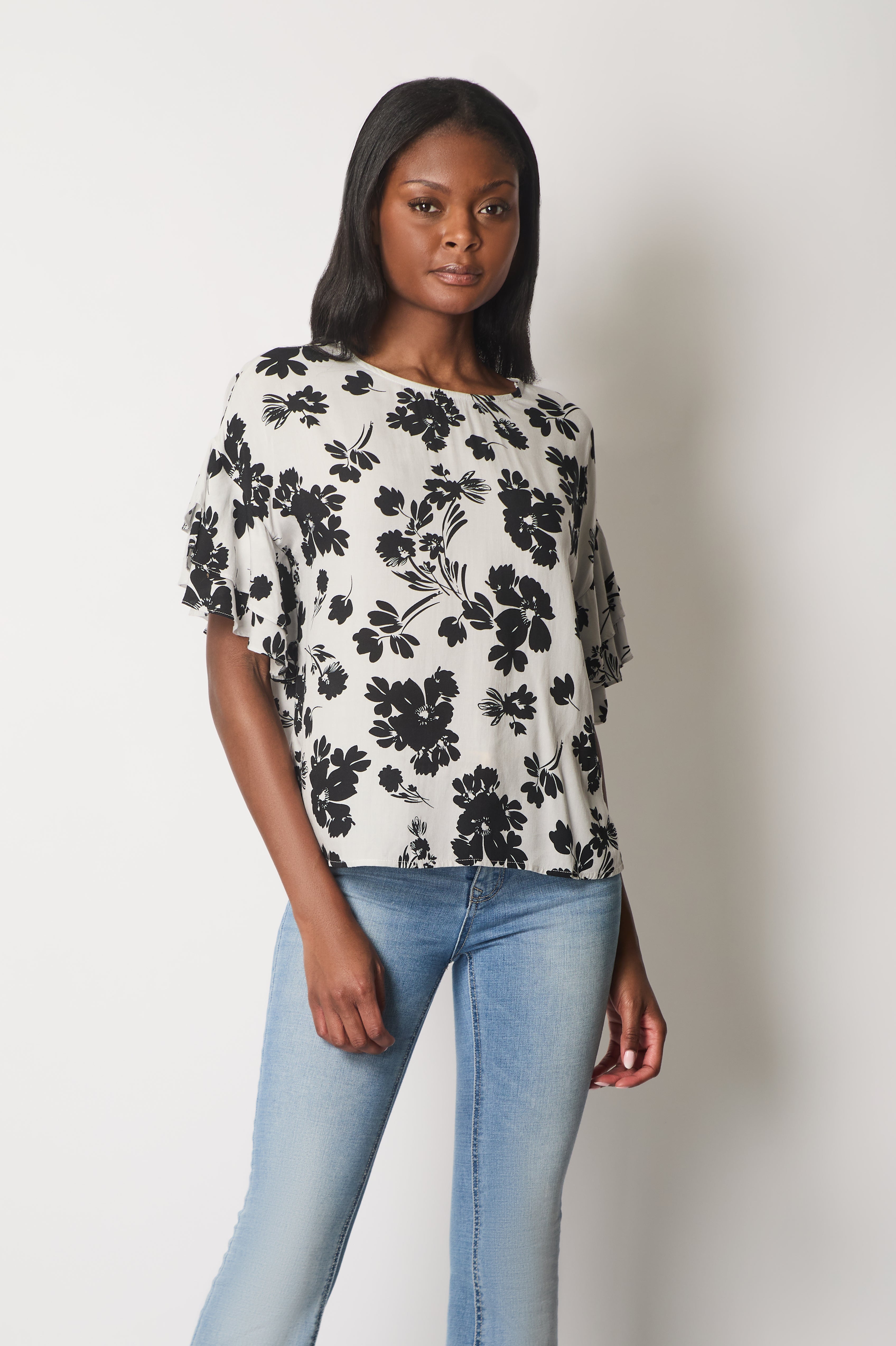 Floral Print Top with Layered Sleeves - White
