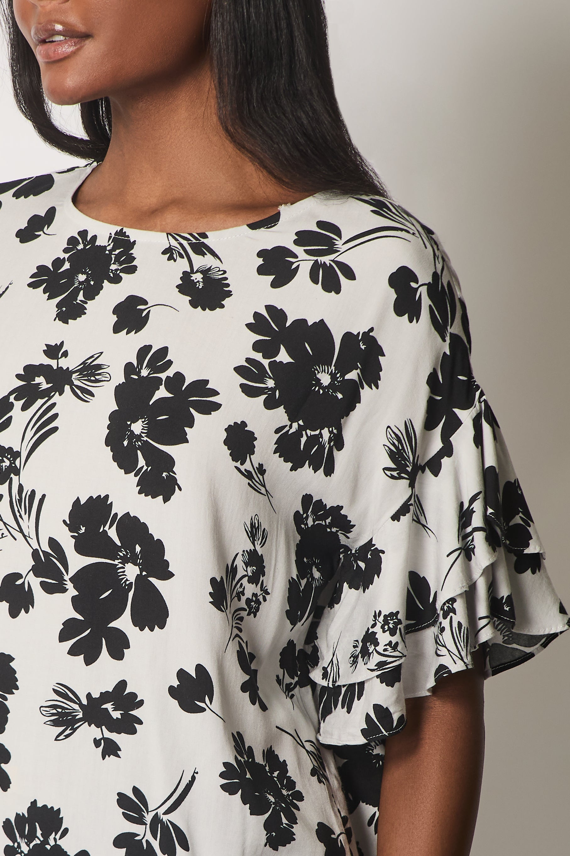 Floral Print Top with Layered Sleeves - White