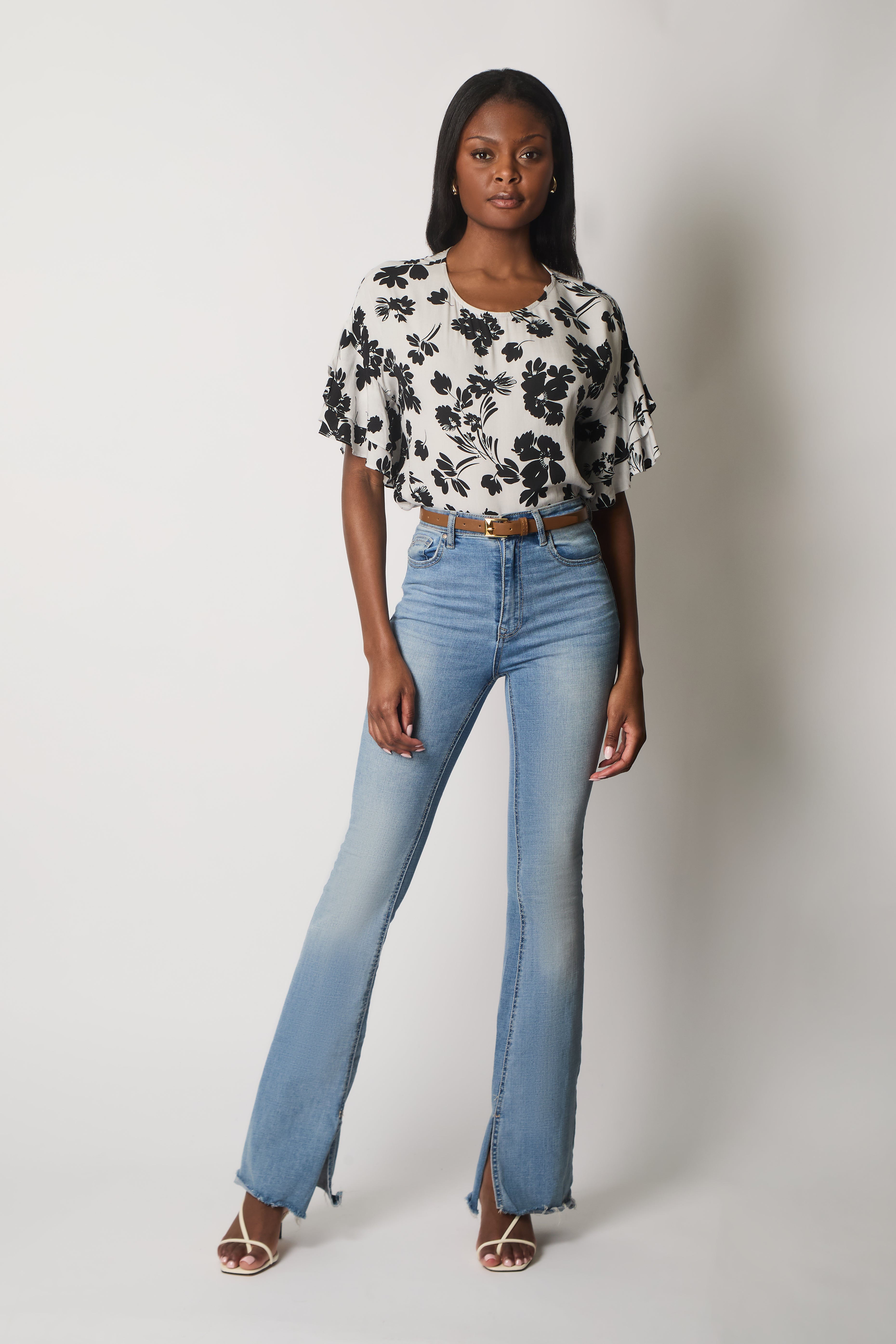 Floral Print Top with Layered Sleeves - White