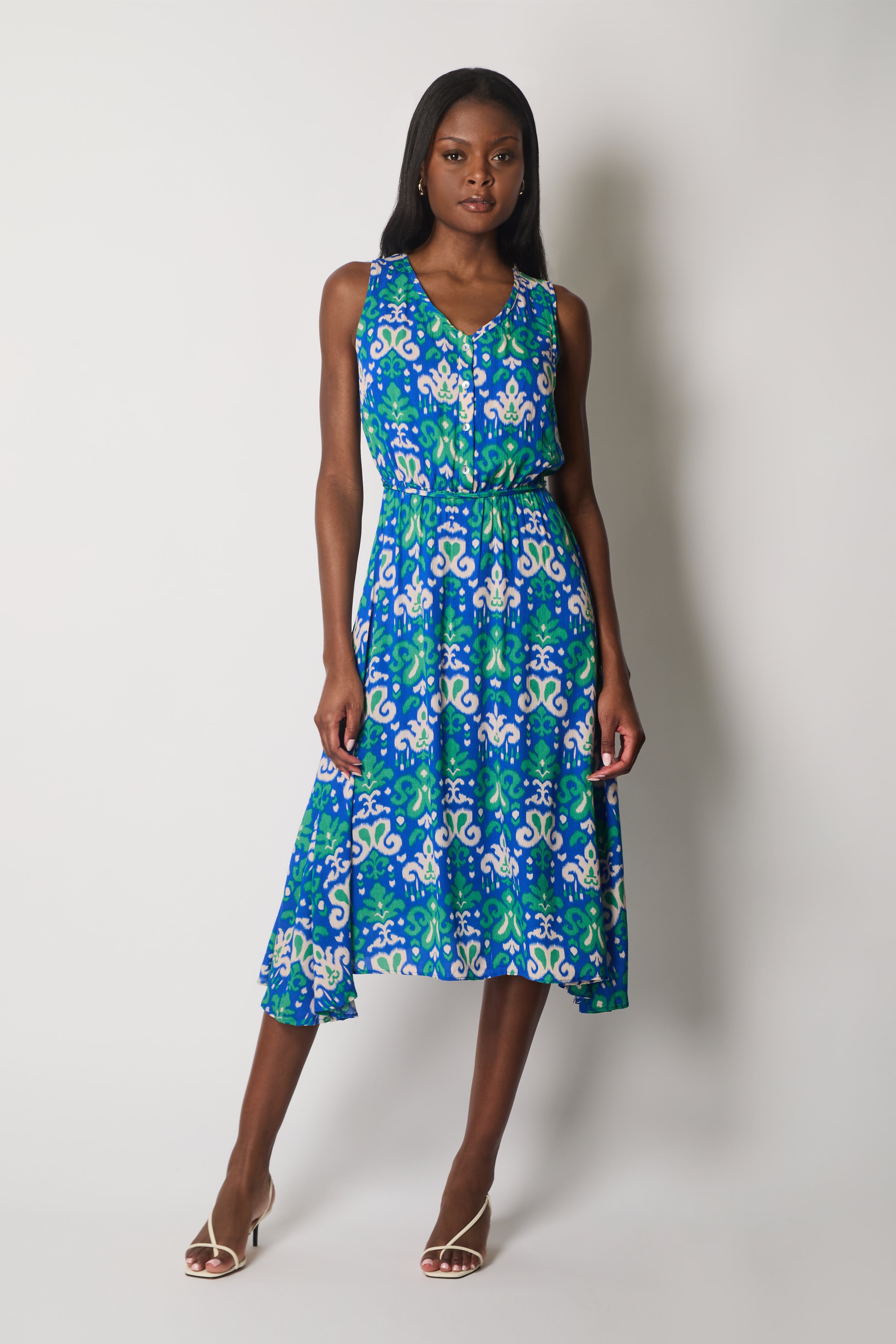 Sleeveless V-Neck Abstract Print Dress with Waist Tie - Blue