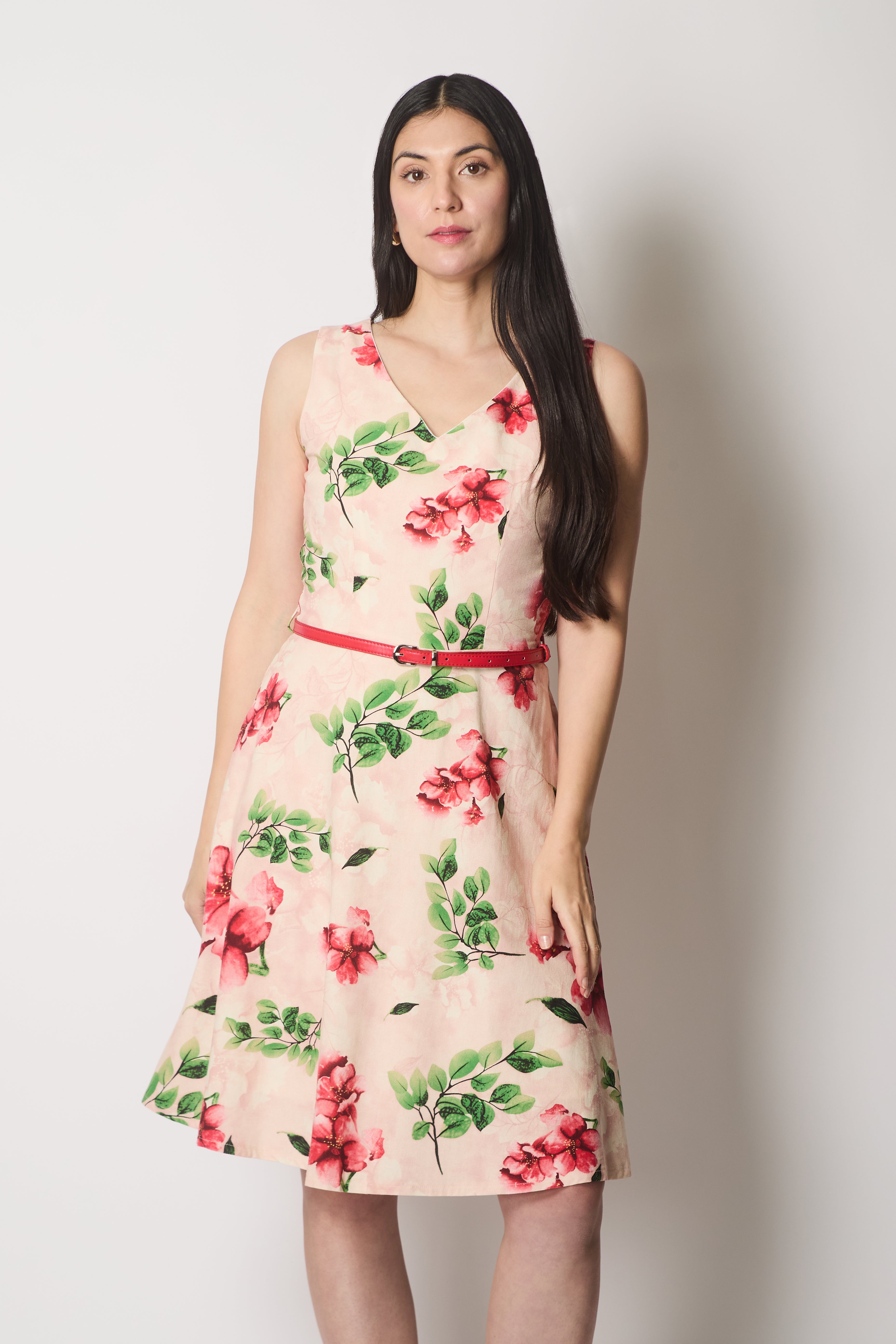 Sleeveless V-Neck Floral Print Dress with Belt