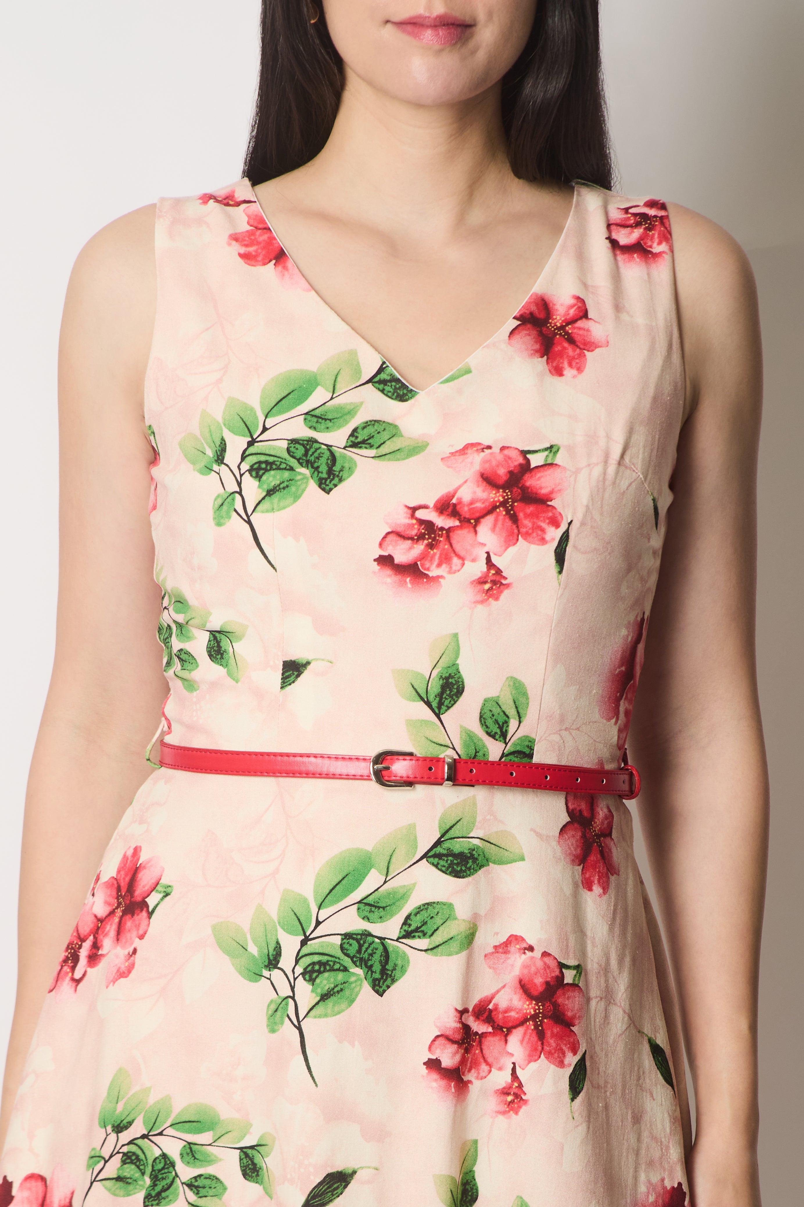 Sleeveless V-Neck Floral Print Dress with Belt