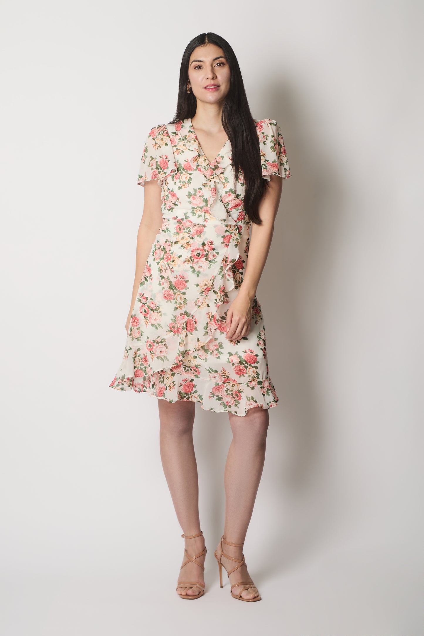 Floral Print Ruffle Wrap Dress - White
