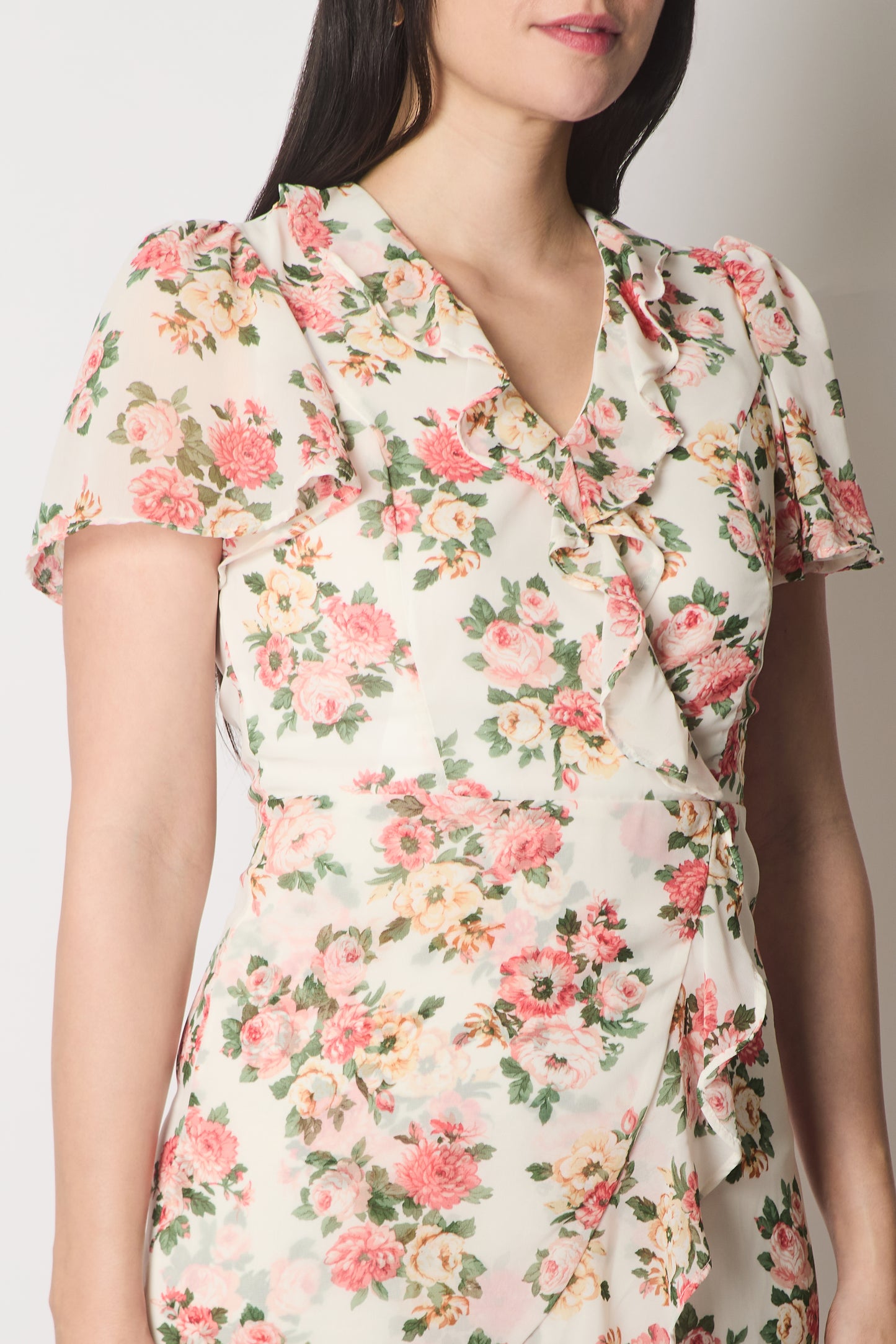 Floral Print Ruffle Wrap Dress - White