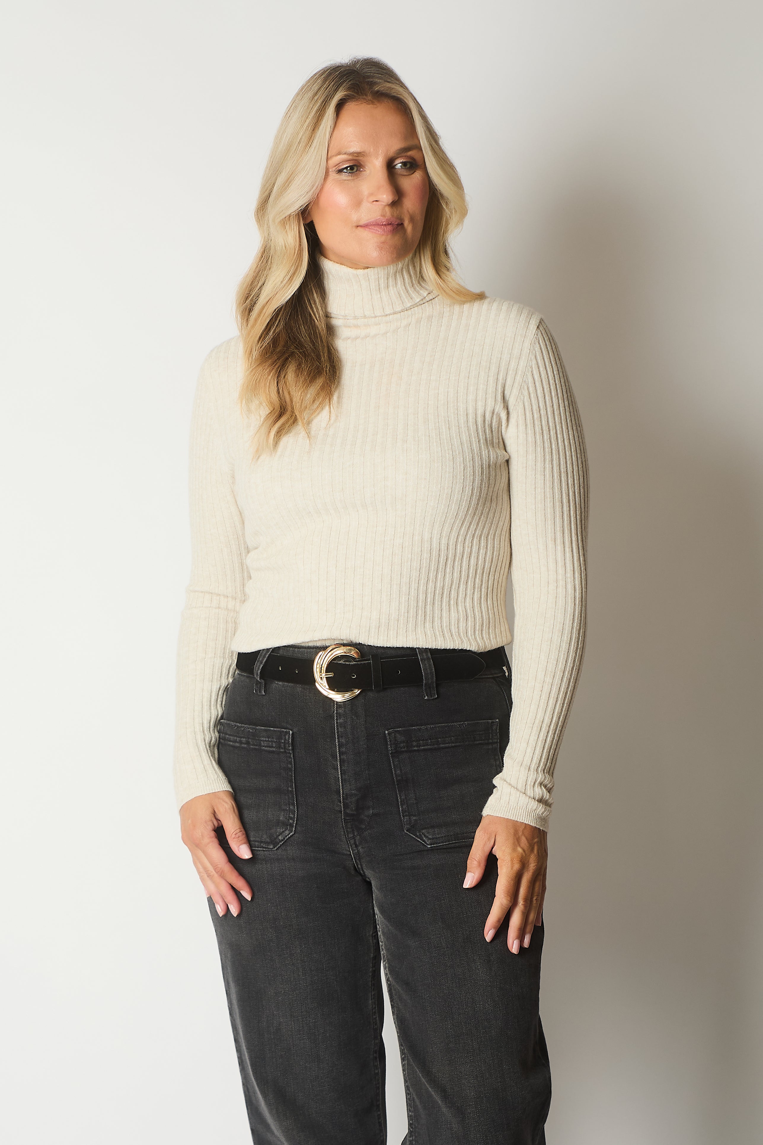 Ribbed Polo Neck Jumper - Stone