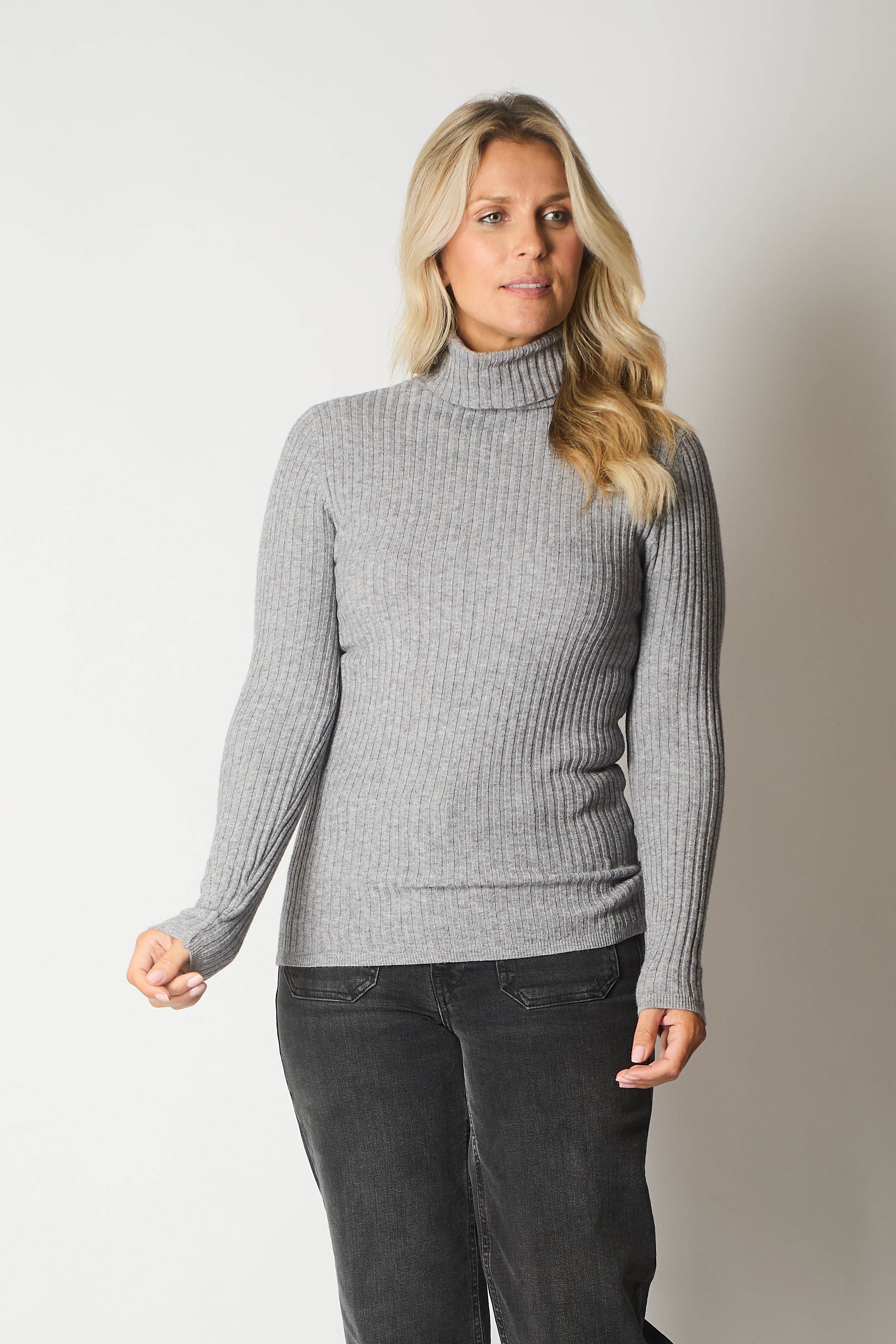 Ribbed Polo Neck Jumper - Grey
