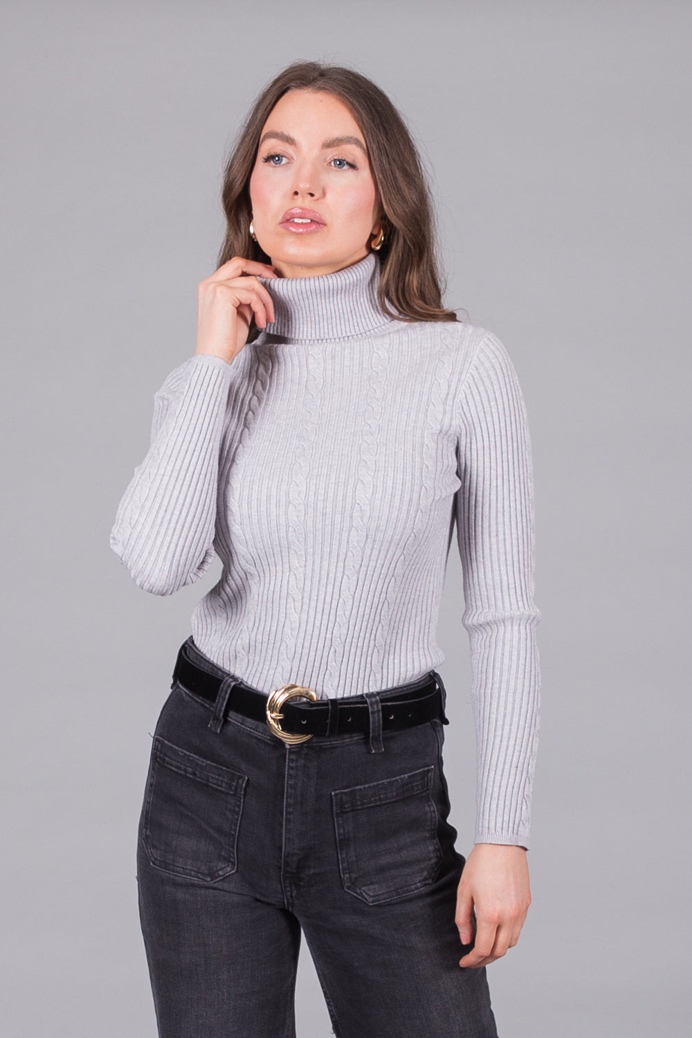 Cable Knit Turtleneck Jumper - Grey