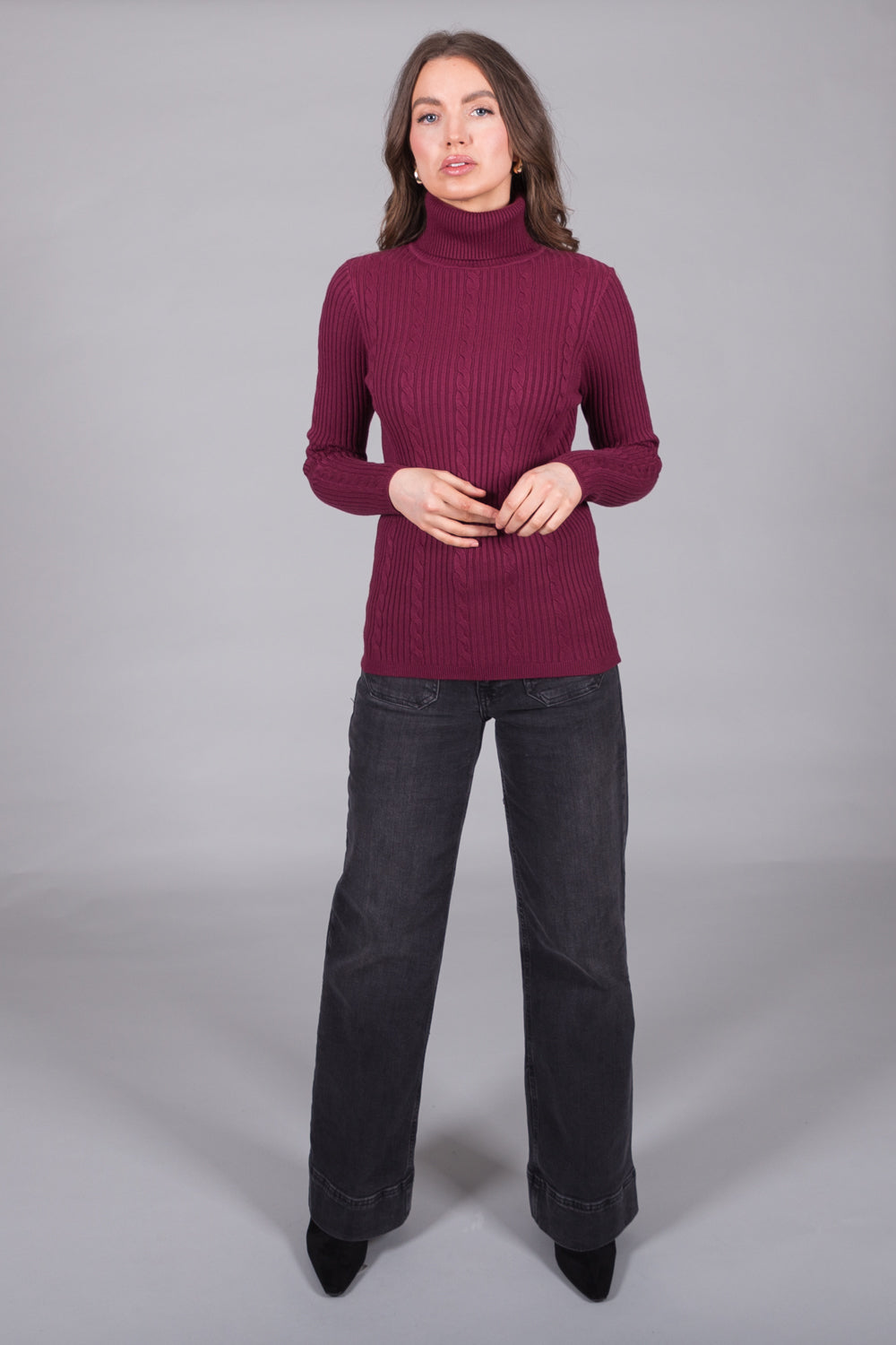 Cable Knit Turtleneck Jumper - Plum