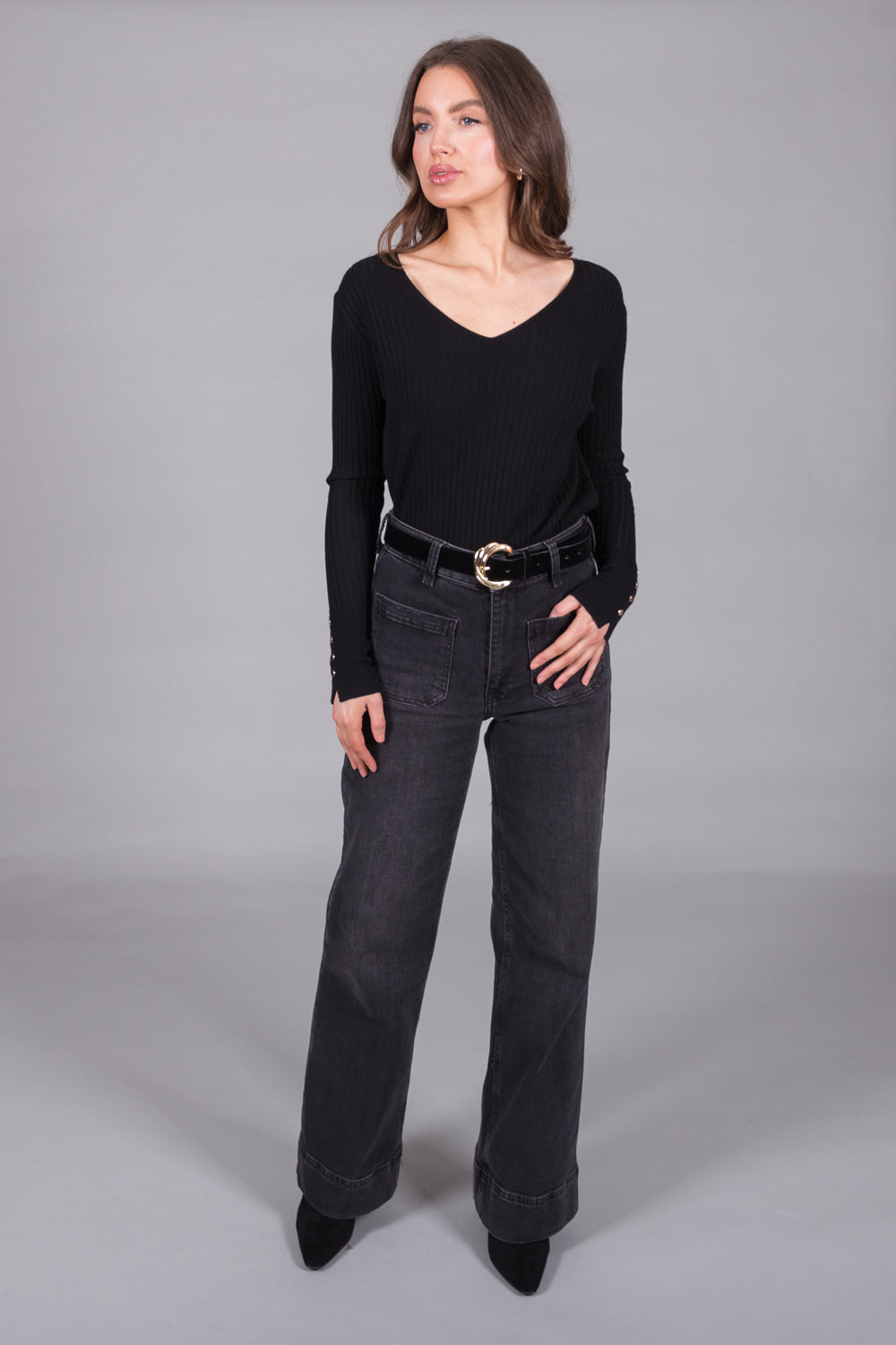 Ribbed V-Neck Jumper with Button Cuffs - Black