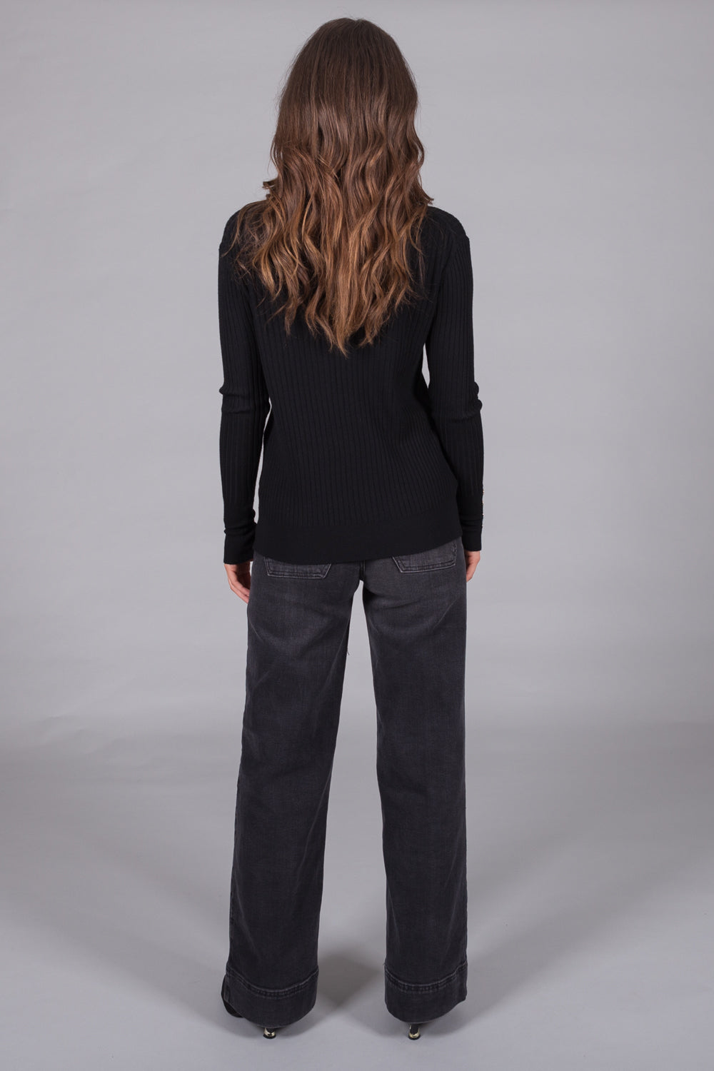 Ribbed V-Neck Jumper with Button Cuffs - Black