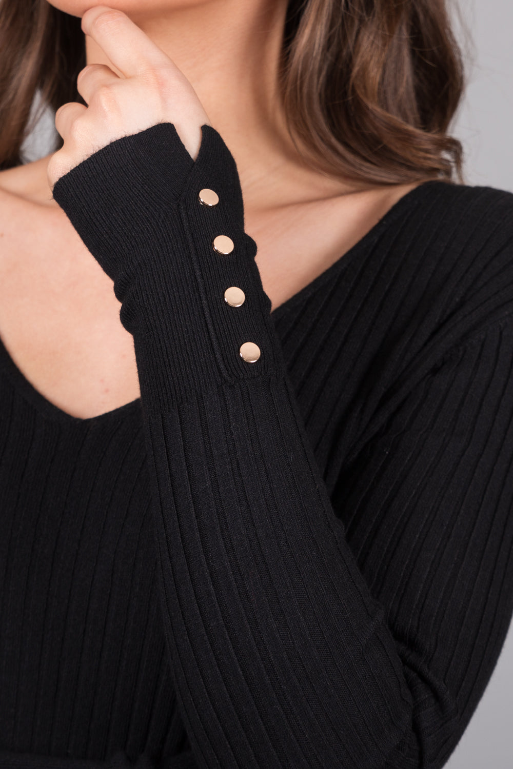Ribbed V-Neck Jumper with Button Cuffs - Black