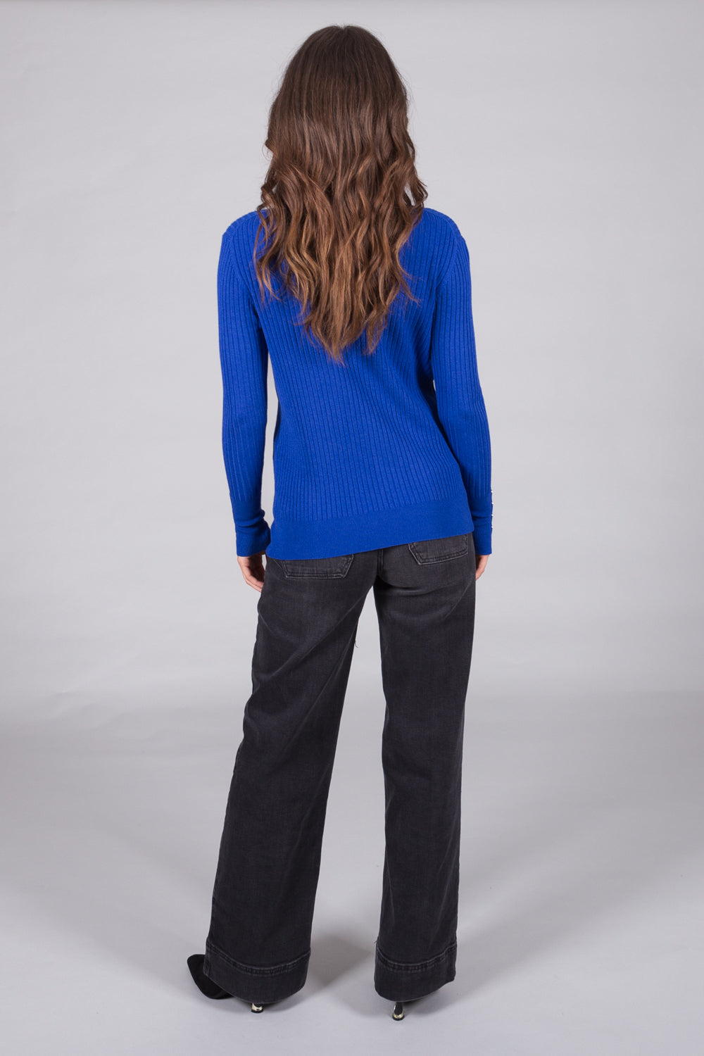 Ribbed V-Neck Jumper with Button Cuffs - Cobalt