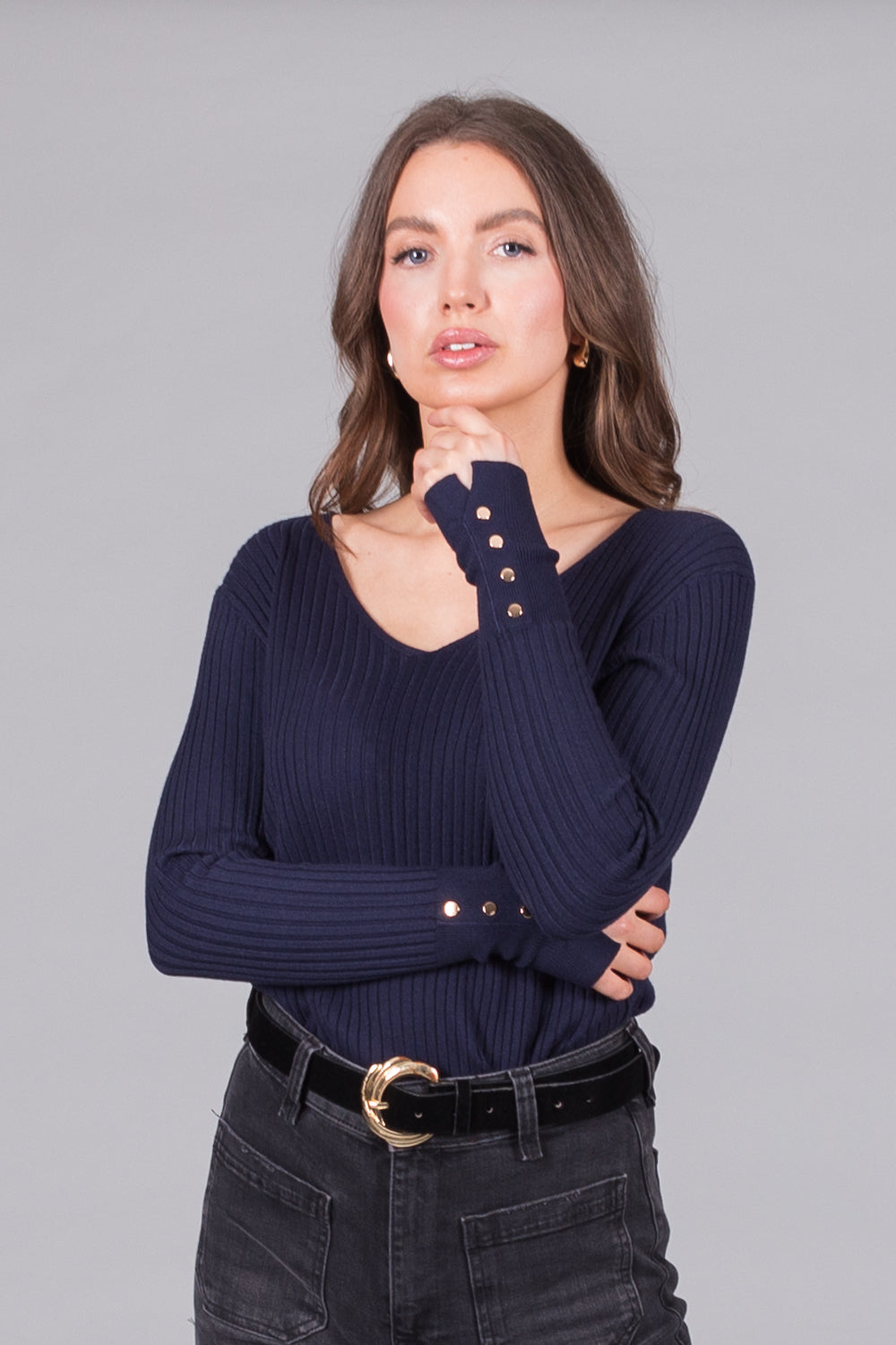 Ribbed V-Neck Jumper with Button Cuffs - Navy