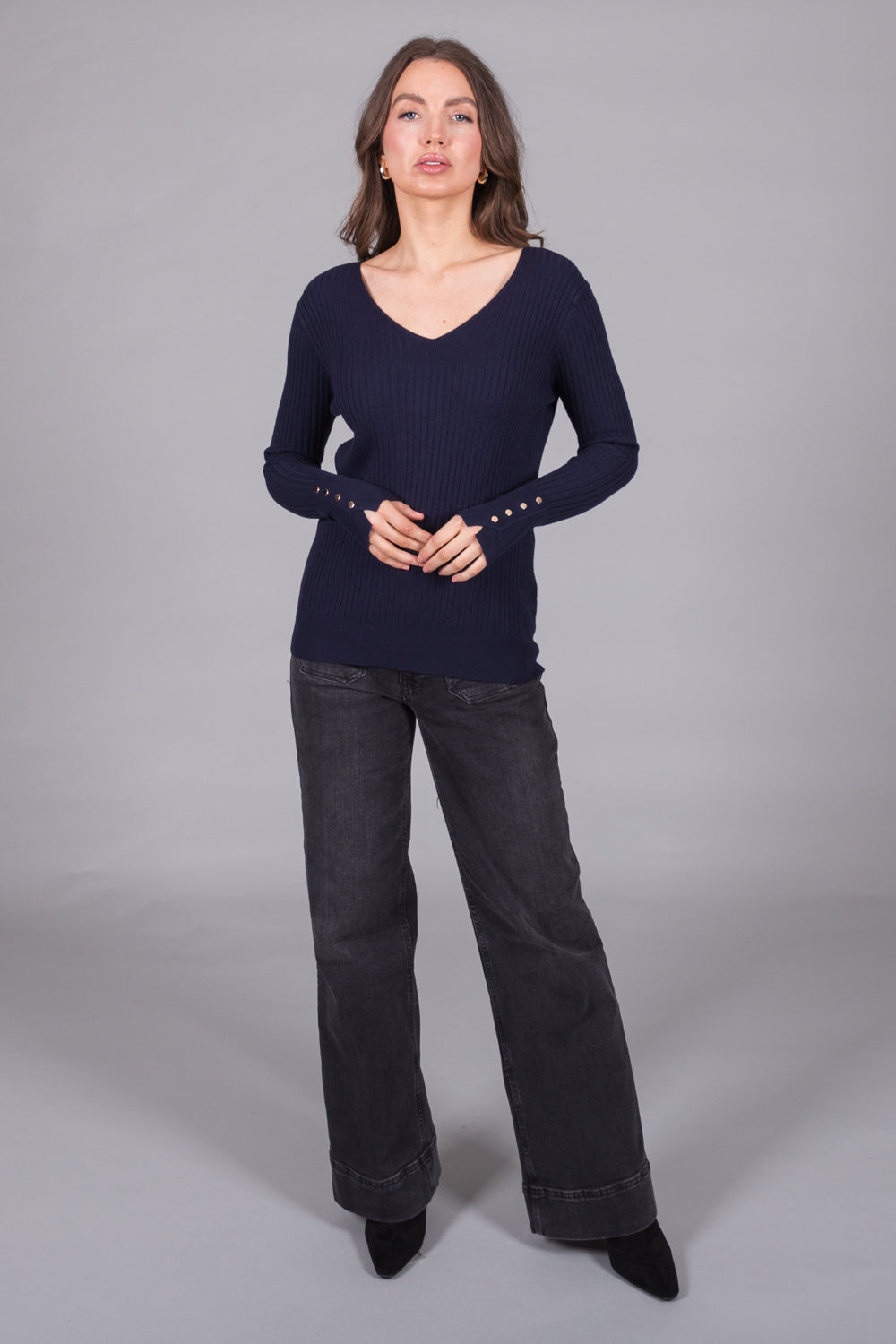 Ribbed V-Neck Jumper with Button Cuffs - Navy