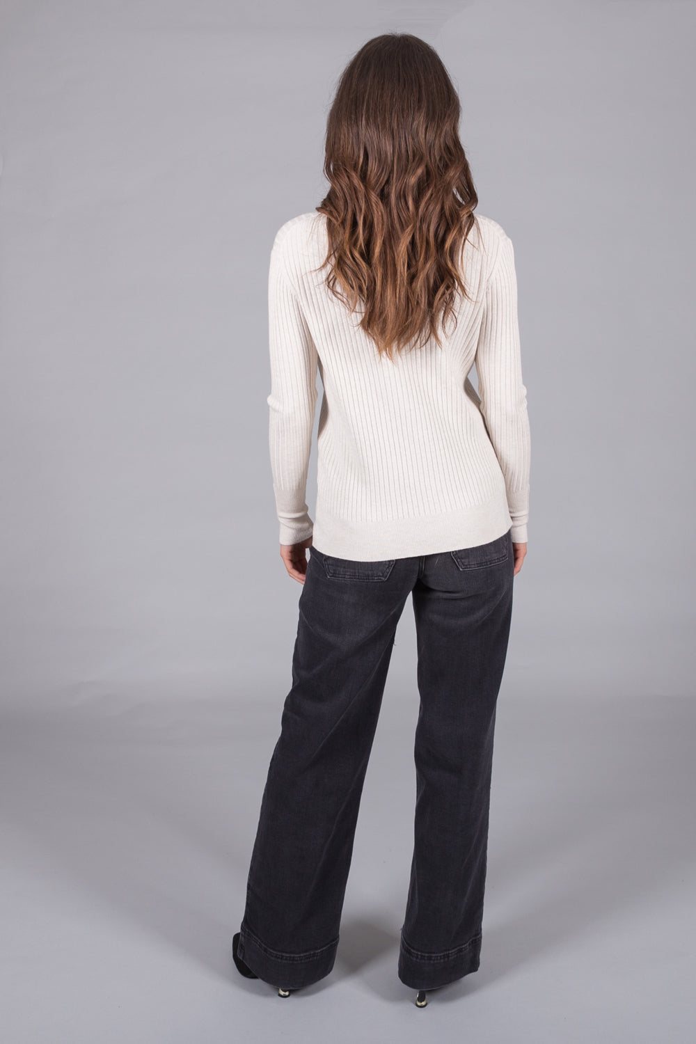 Ribbed V-Neck Jumper with Button Cuffs - Stone