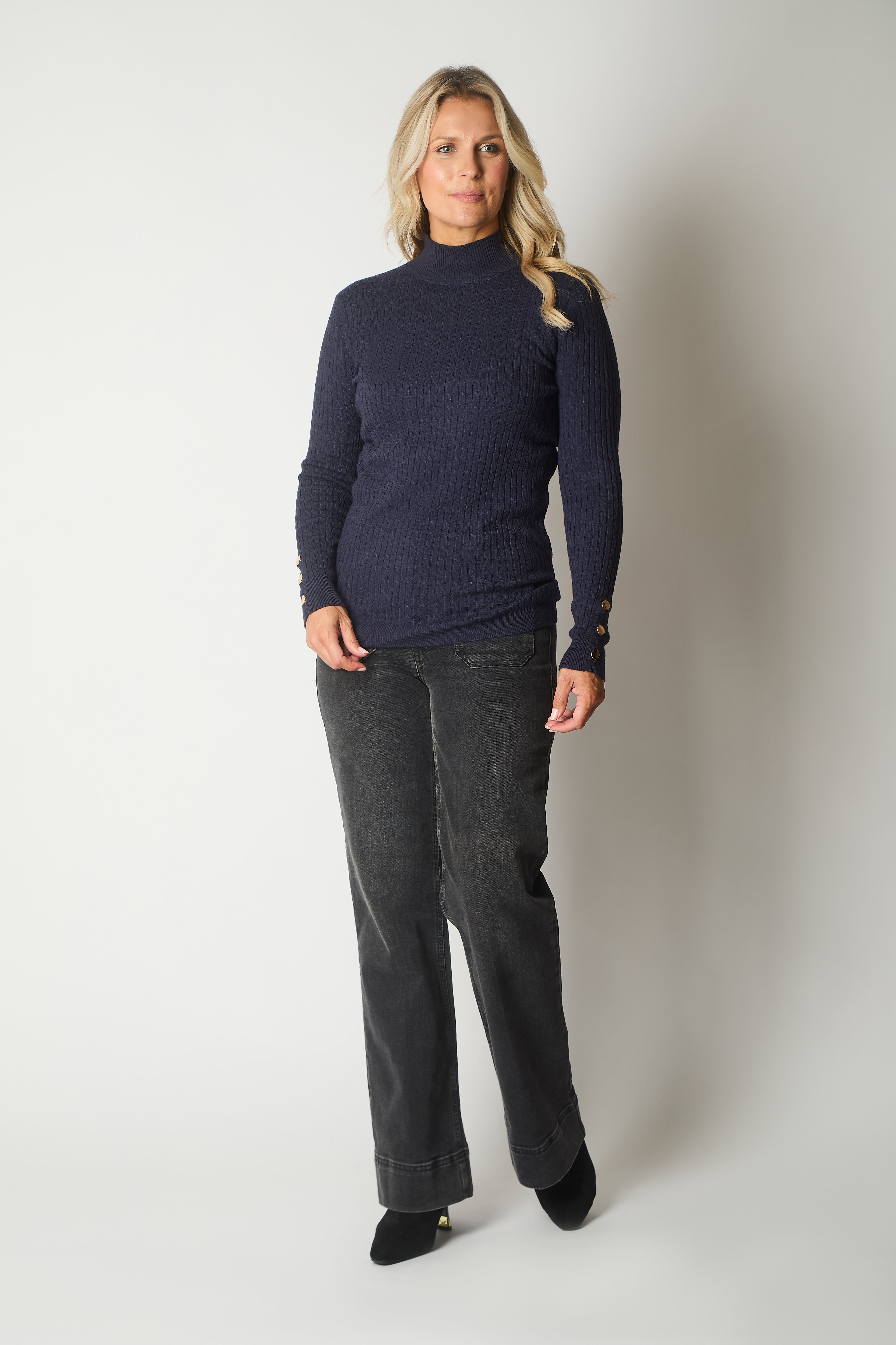Cable Knit Jumper with Gold Buttons - Navy
