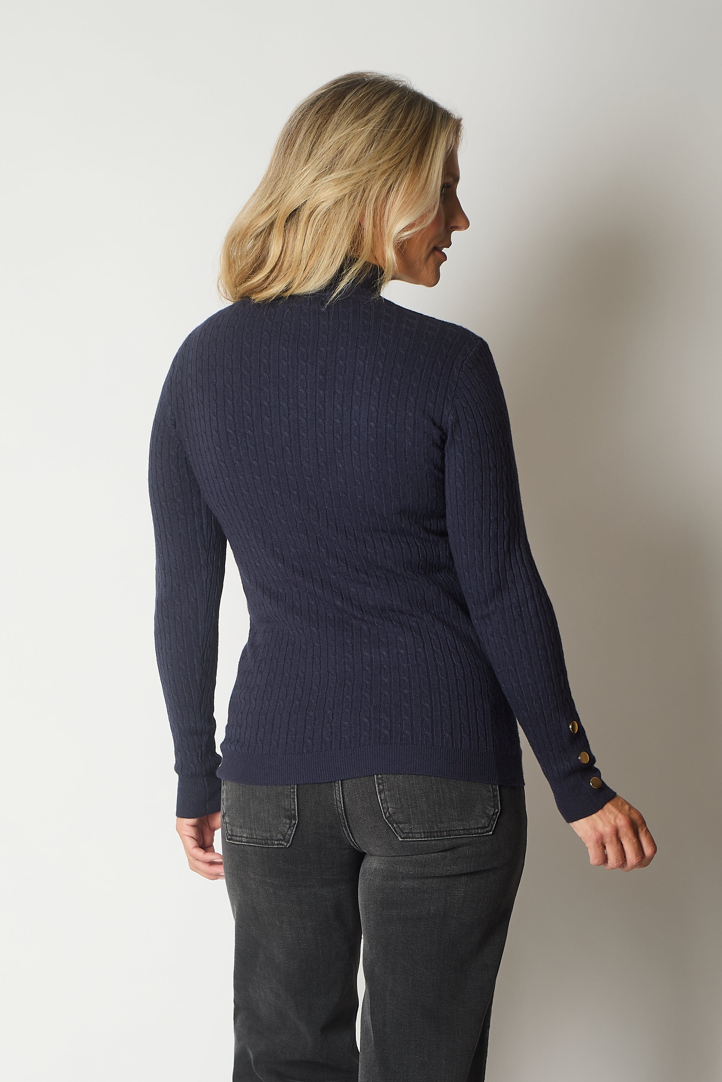 Cable Knit Jumper with Gold Buttons - Navy