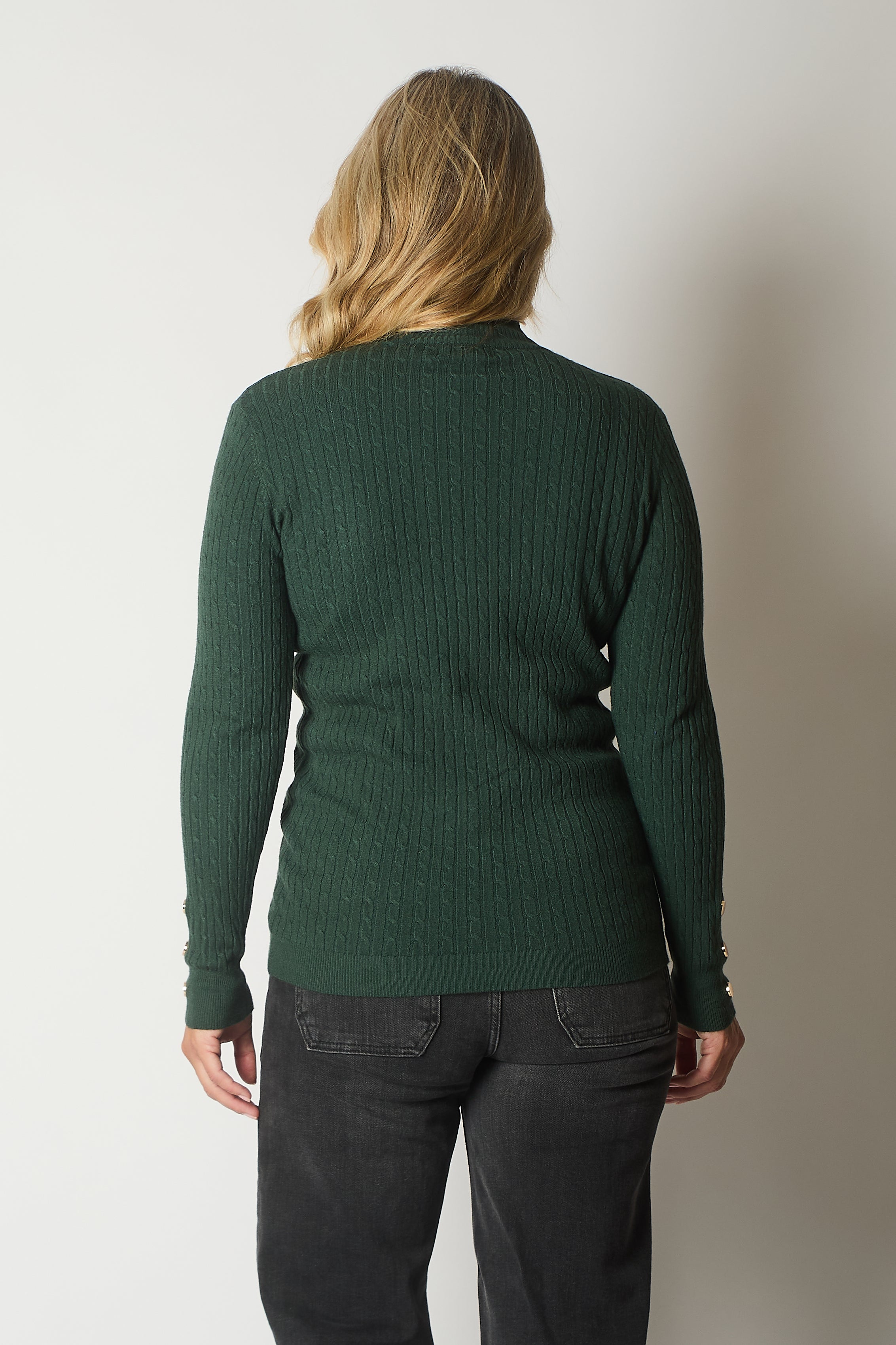 Cable Knit Jumper with Gold Buttons - Green