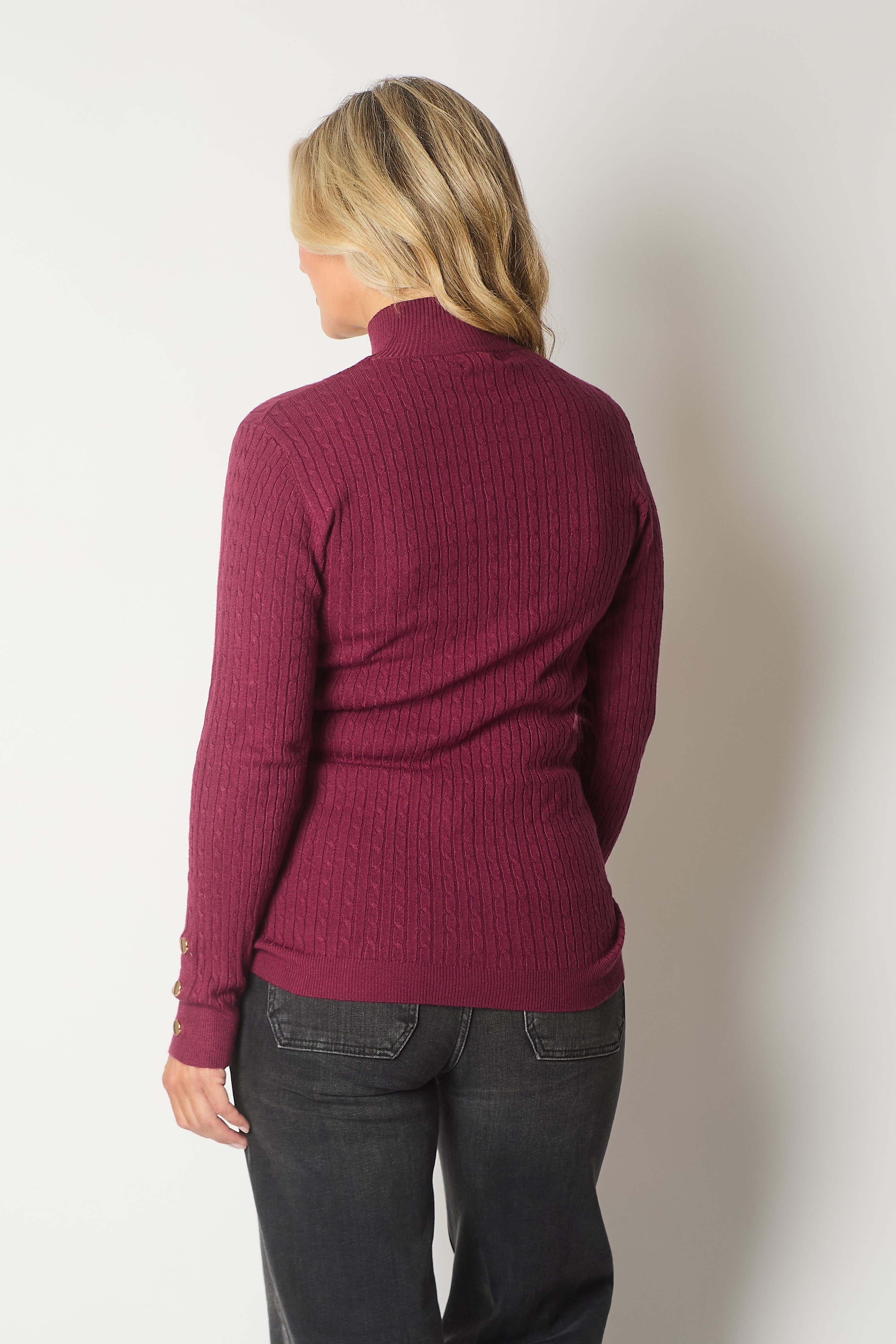 Cable Knit Jumper with Gold Buttons - Plum