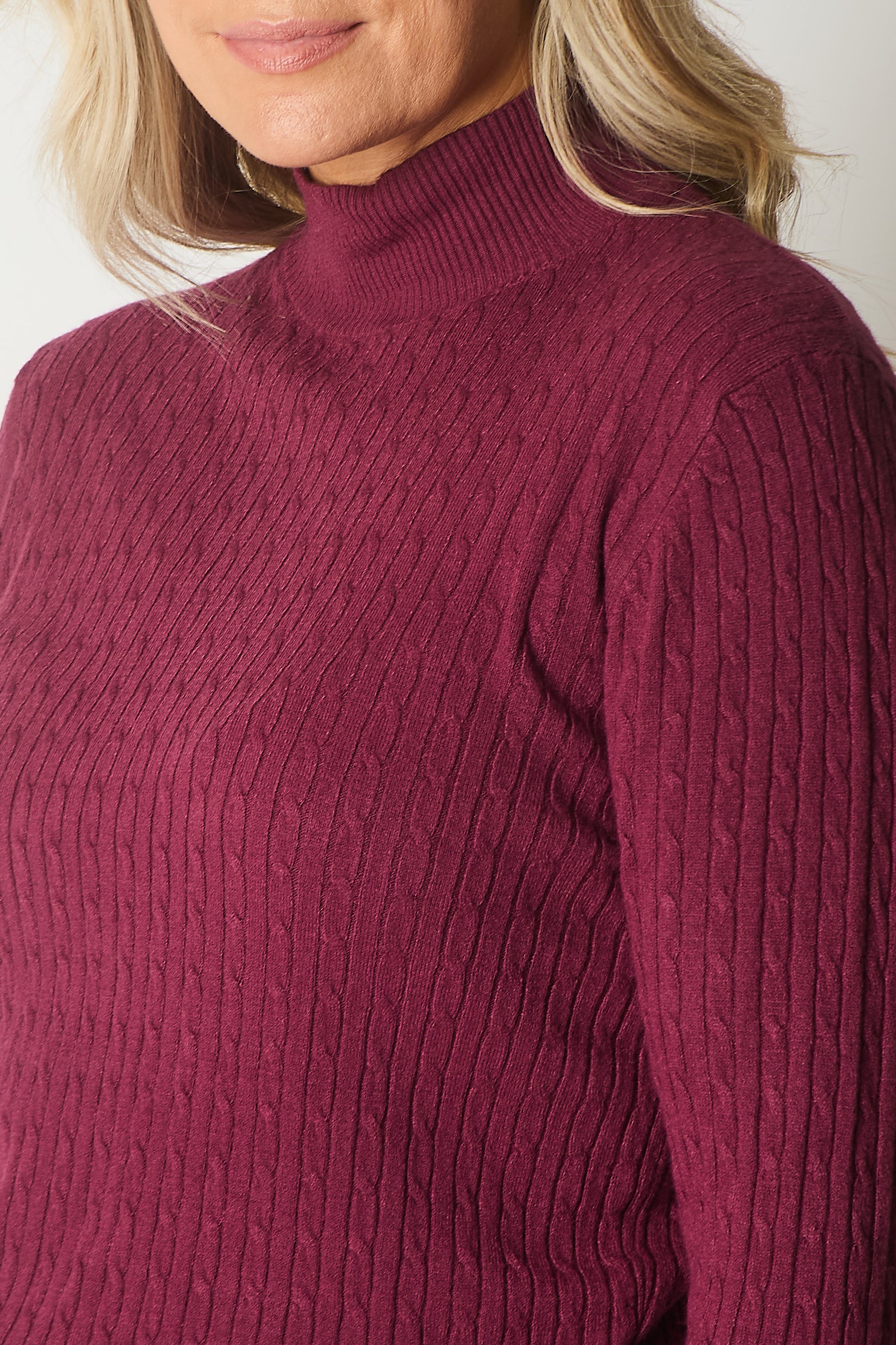 Cable Knit Jumper with Gold Buttons - Plum