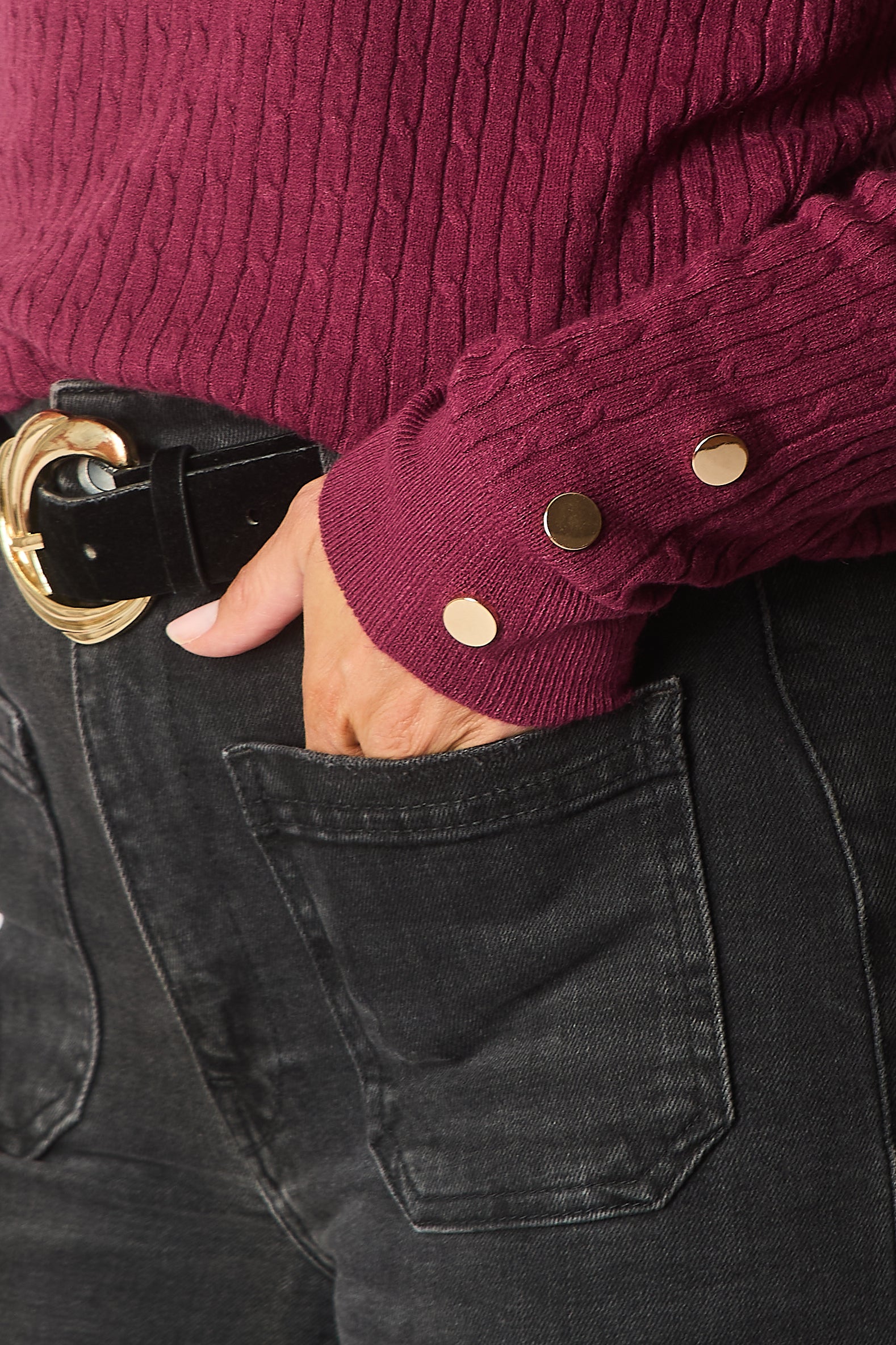Cable Knit Jumper with Gold Buttons - Plum