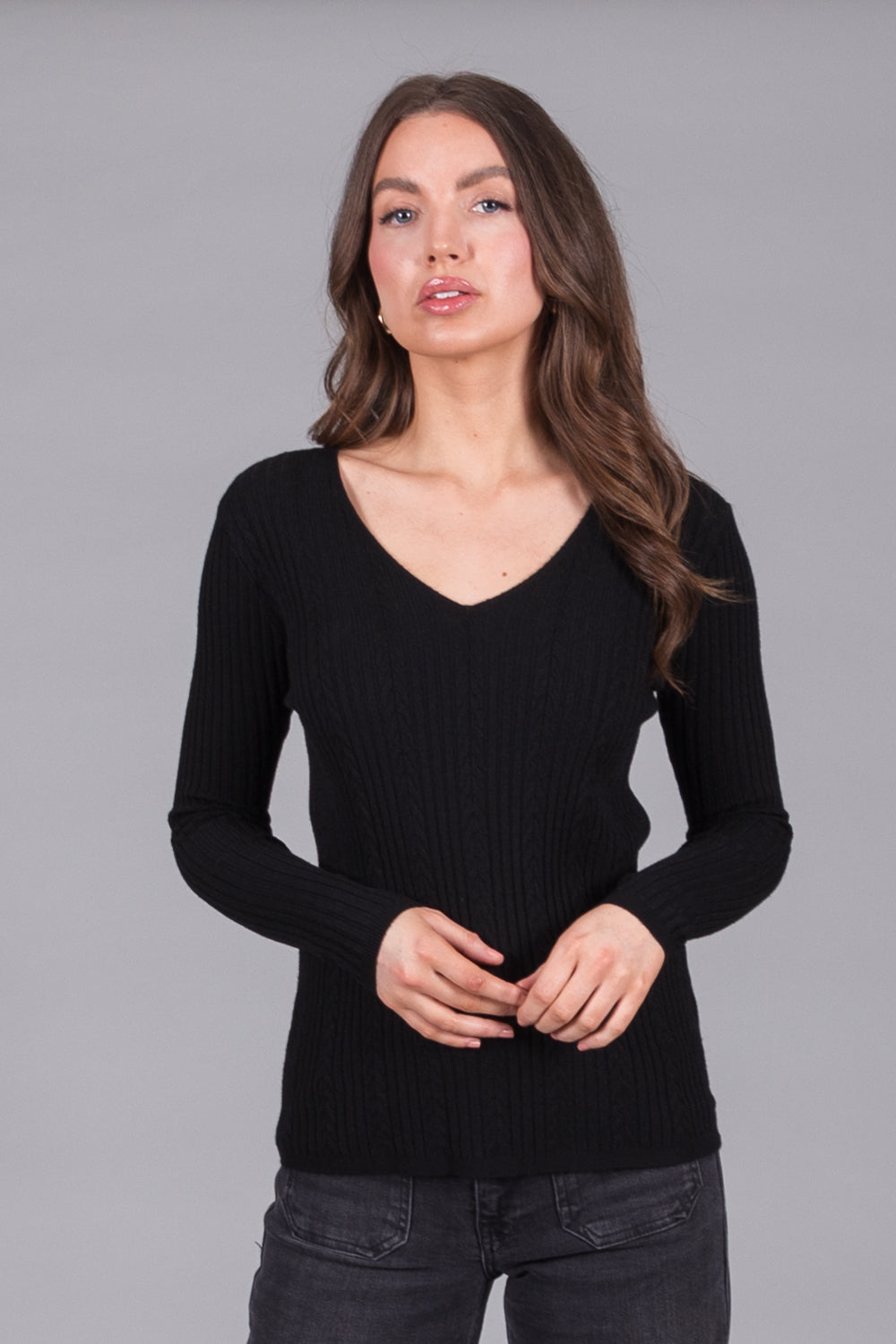 Ribbed V-Neck Jumper - Black