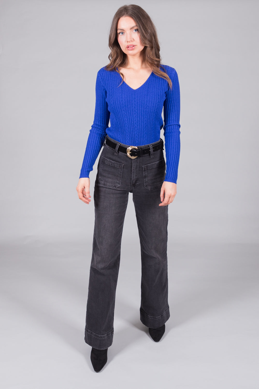 Ribbed V-Neck Jumper - Cobalt