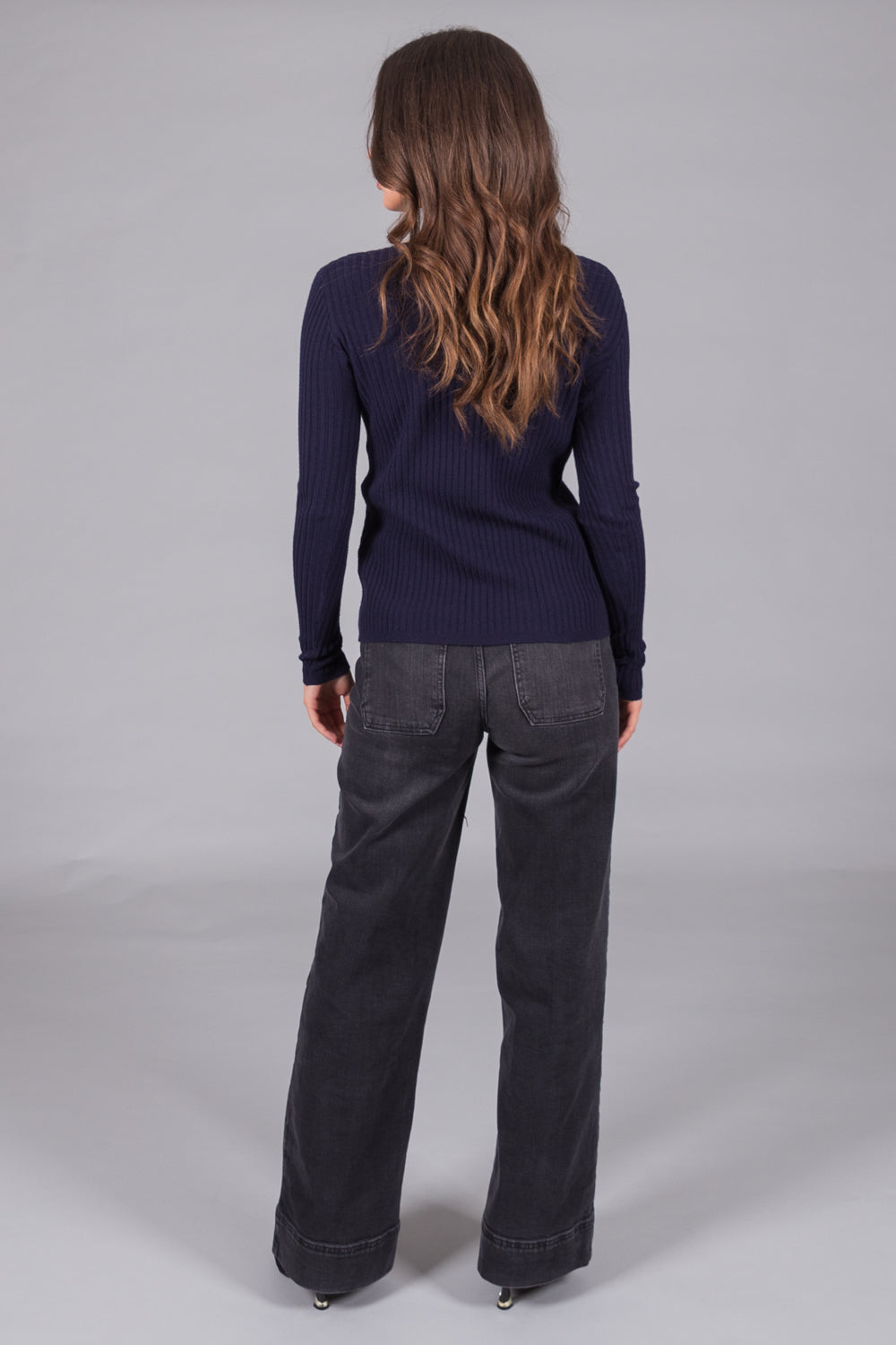 Ribbed V-Neck Jumper - Navy