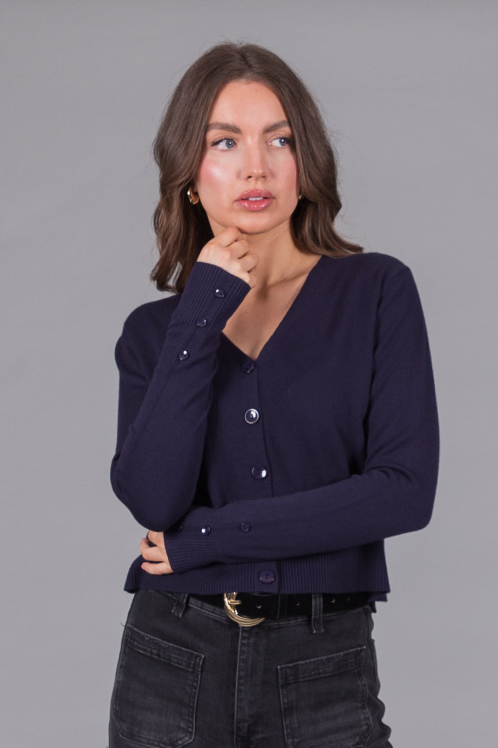 V-Neck Knit Cardigan - Navy