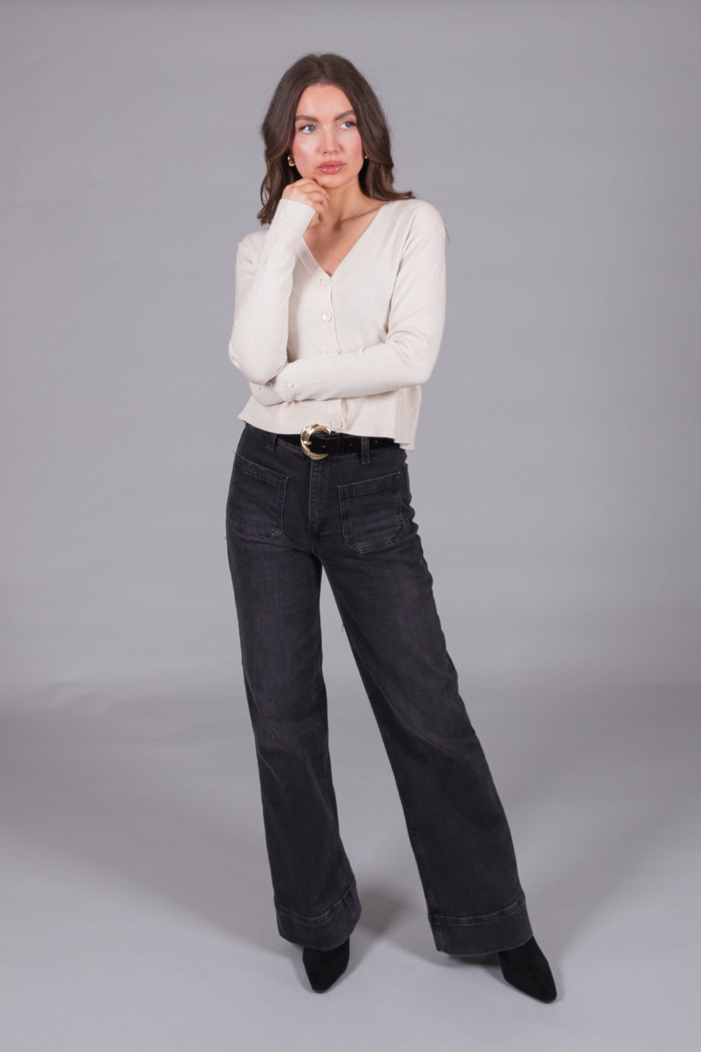 V-Neck Knit Cardigan - Stone