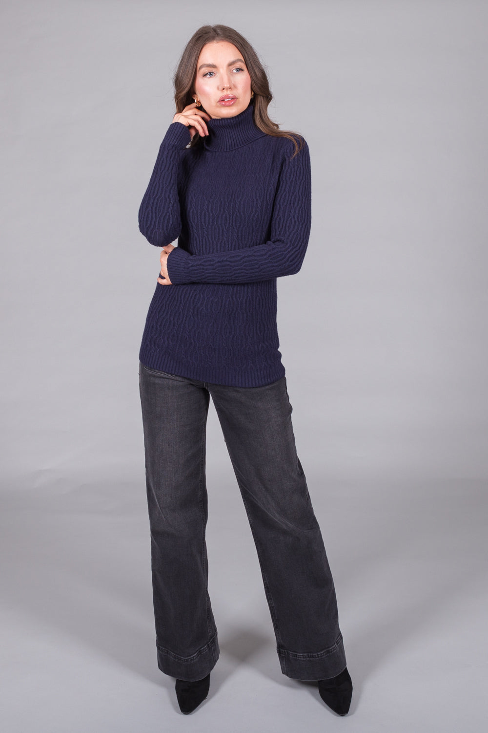 Textured Knit Polo Neck Jumper - Navy