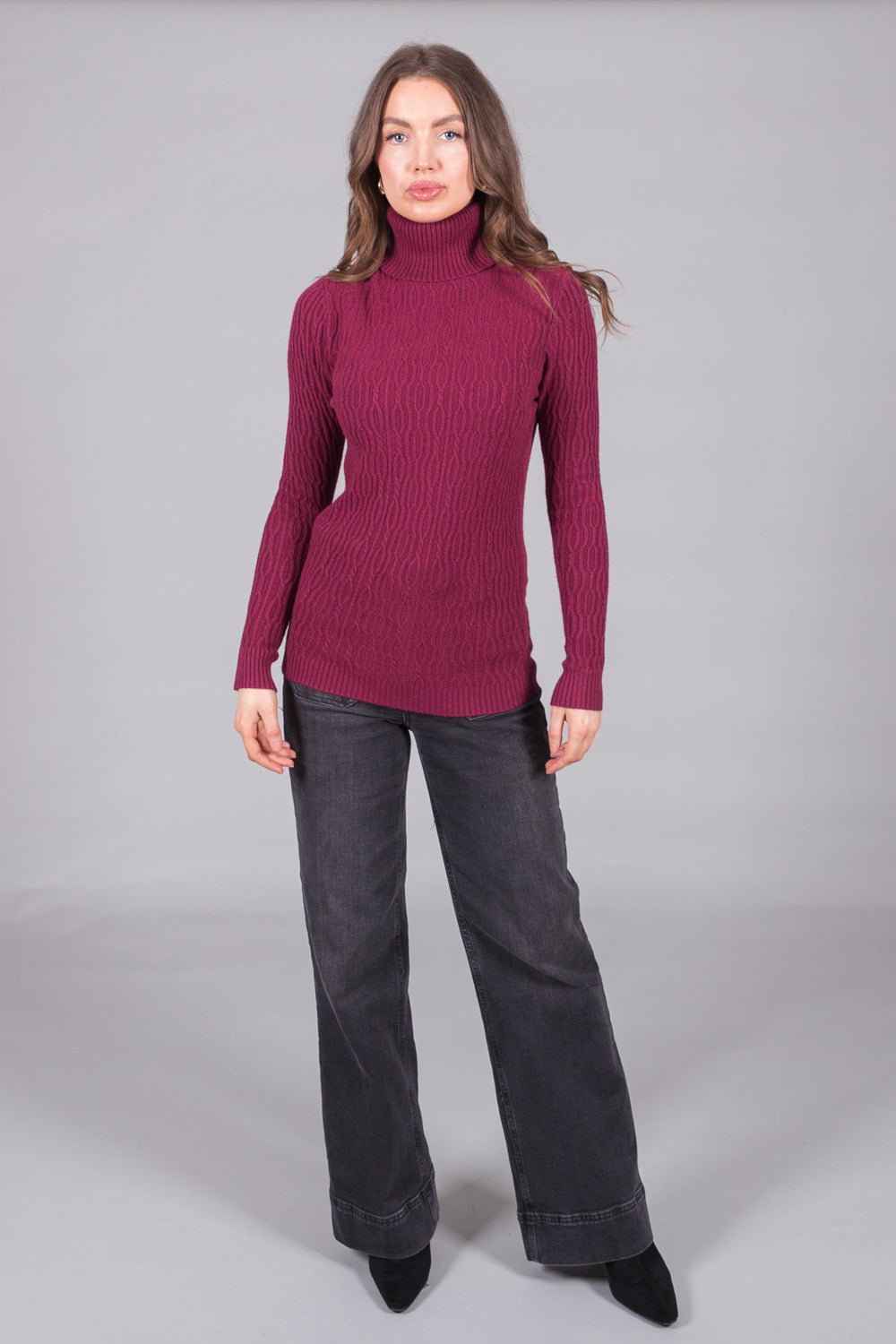 Textured Knit Polo Neck Jumper - Plum
